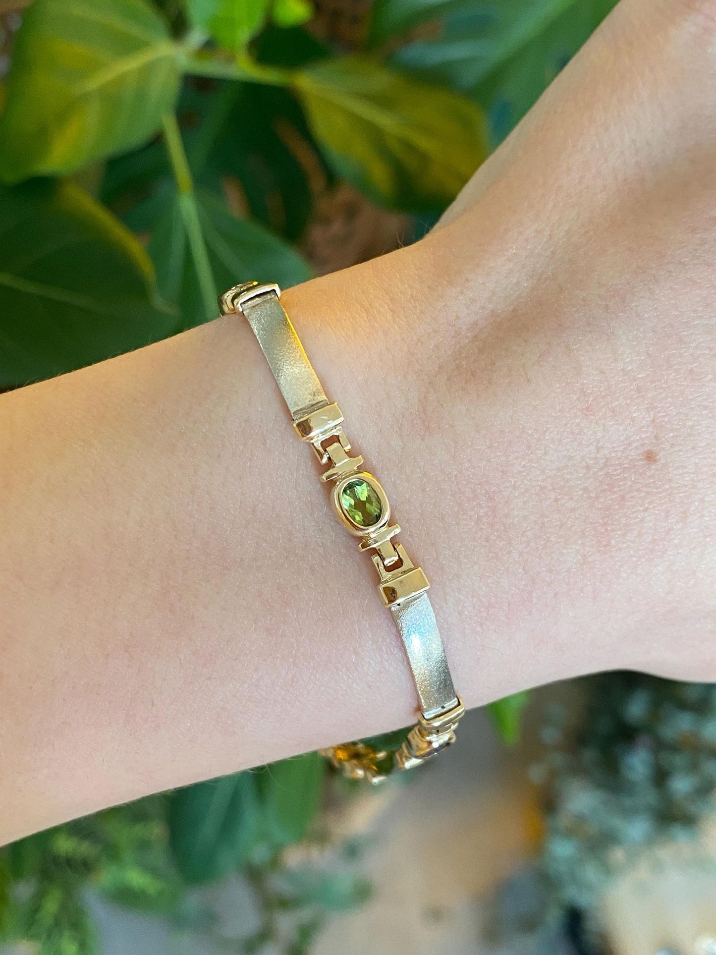 Vintage Solid 14k White & Yellow Gold Garnet Topaz Peridot Amethyst Citrine Link Bracelet - 7.75 inches