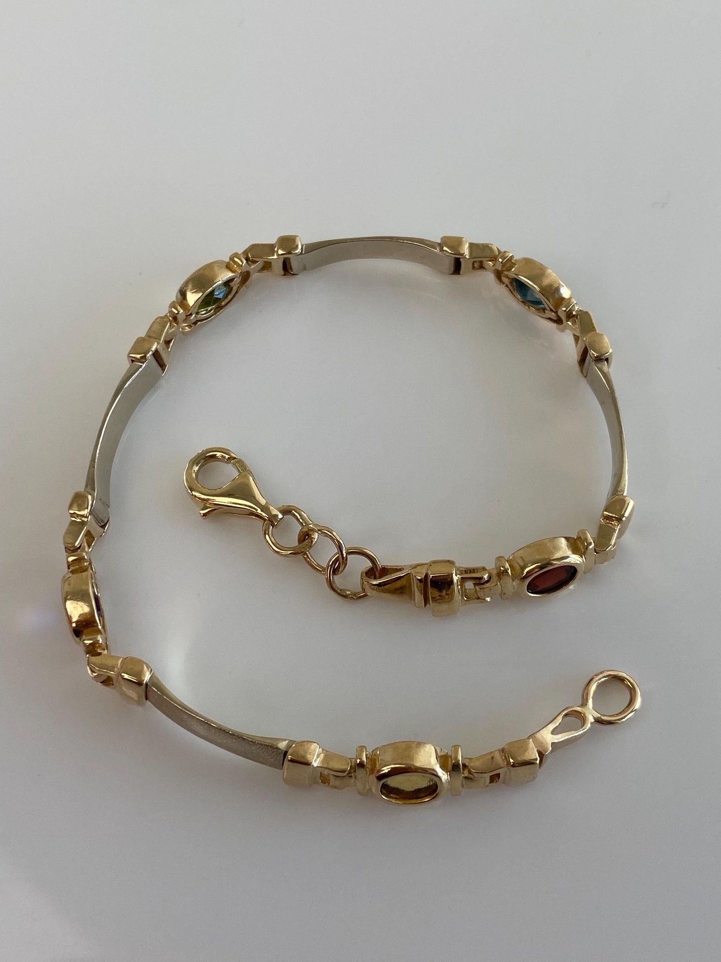 Vintage Solid 14k White & Yellow Gold Garnet Topaz Peridot Amethyst Citrine Link Bracelet - 7.75 inches
