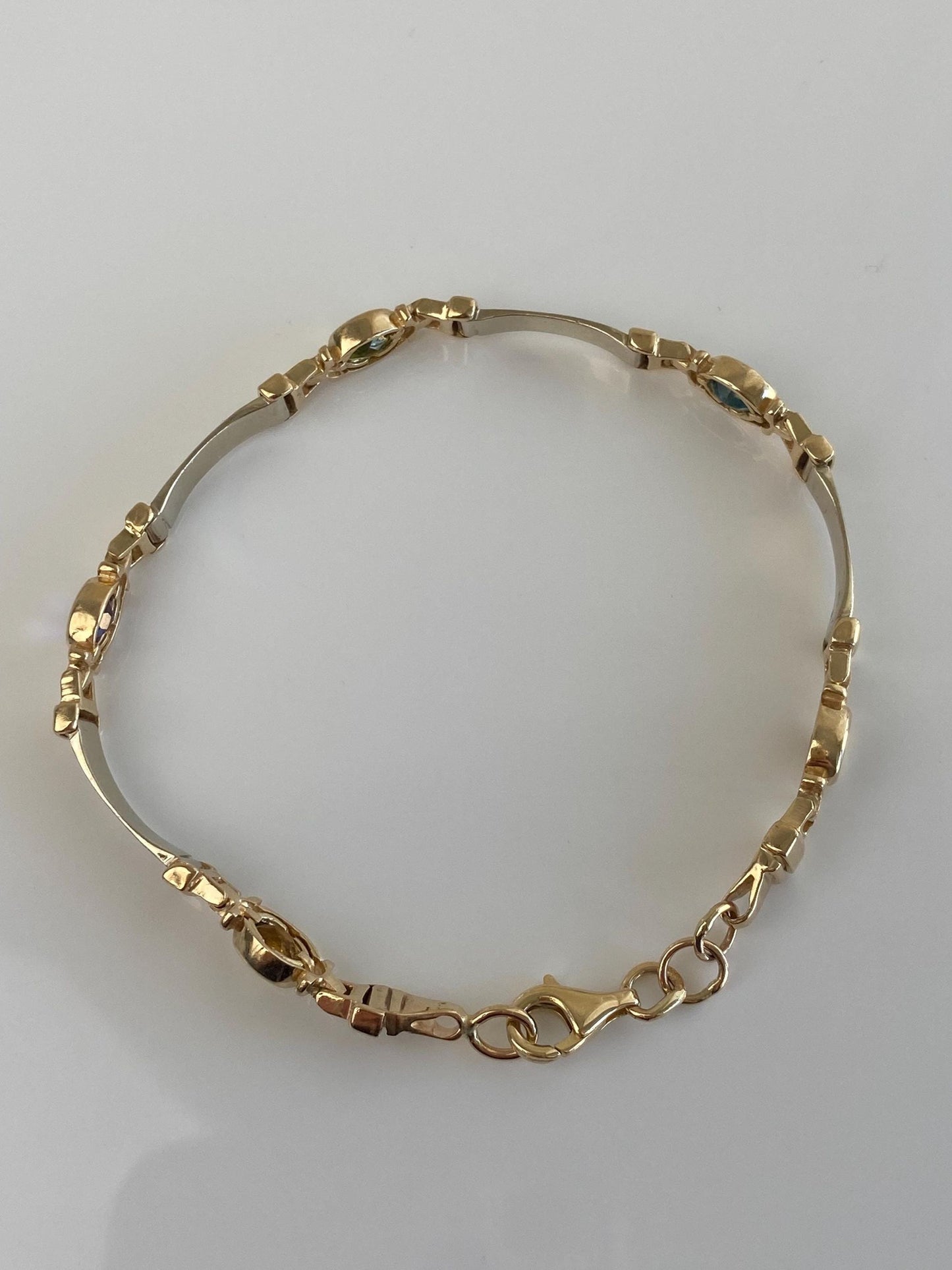 Vintage Solid 14k White & Yellow Gold Garnet Topaz Peridot Amethyst Citrine Link Bracelet - 7.75 inches