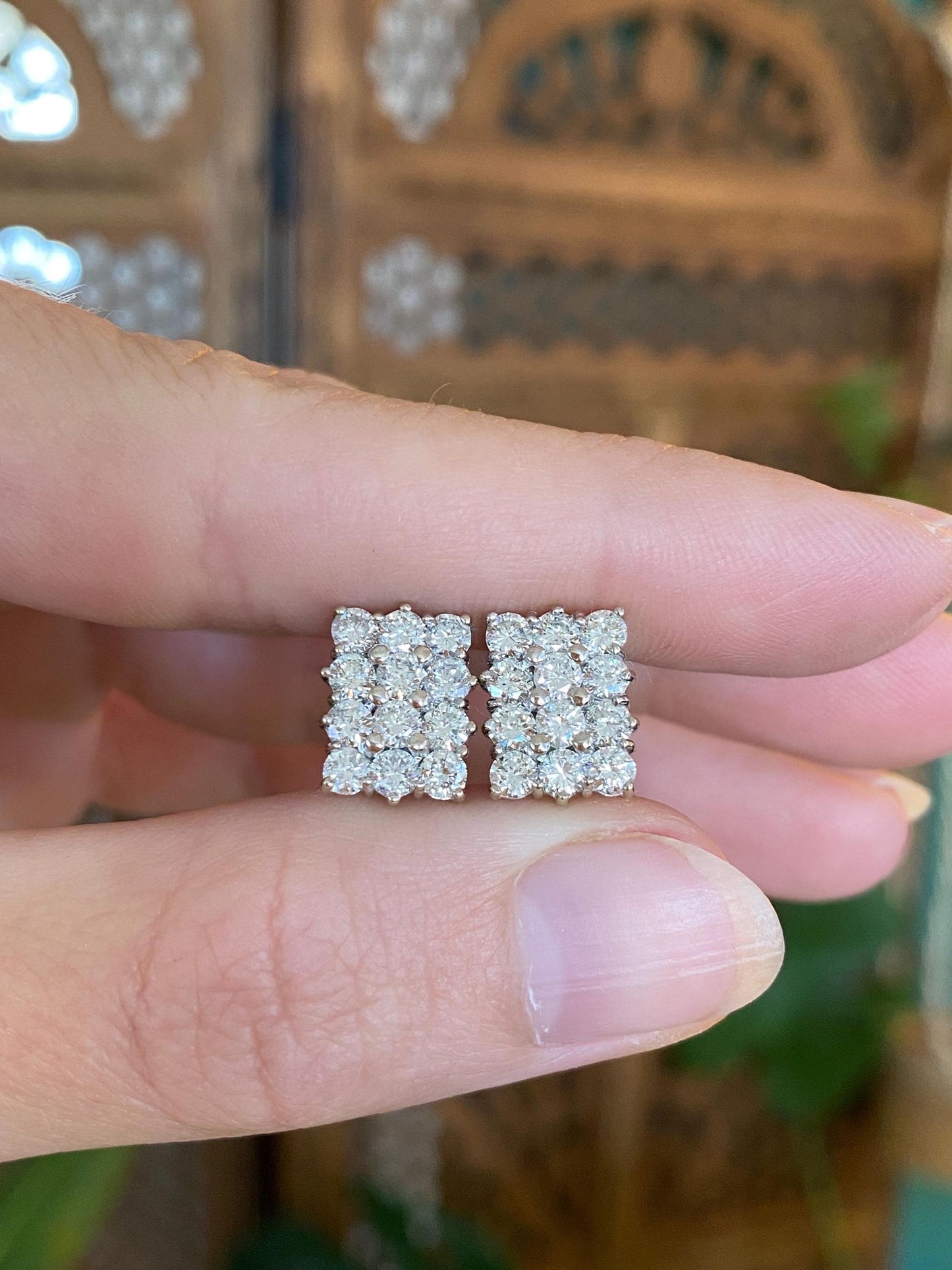 Vintage Solid 14k White Gold Diamond Square Stud Earrings