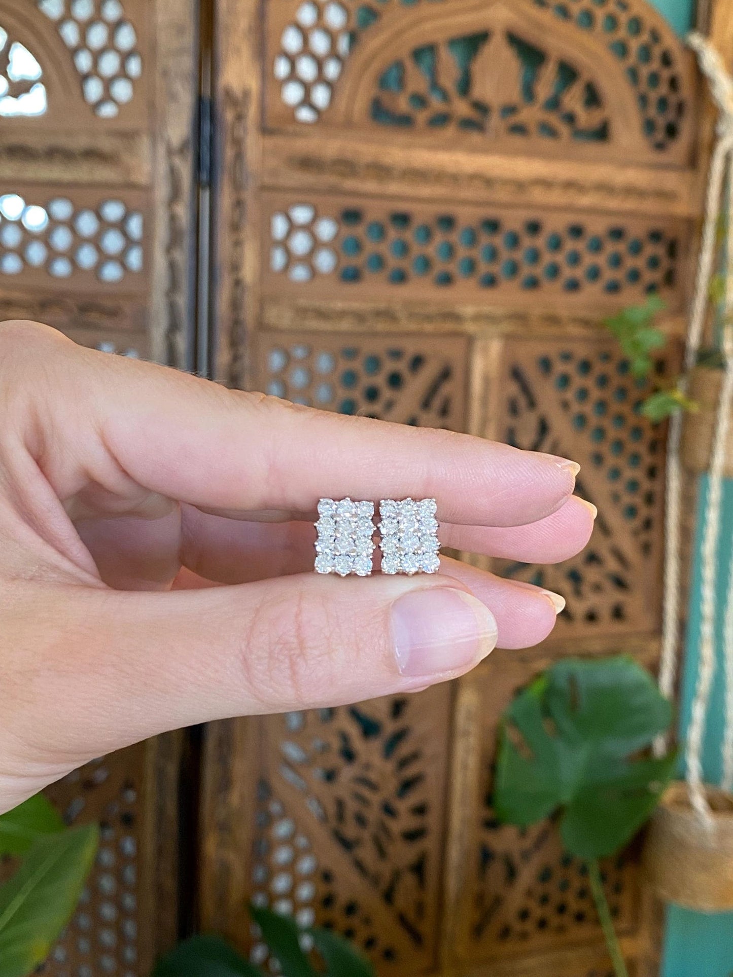 Vintage Solid 14k White Gold Diamond Square Stud Earrings