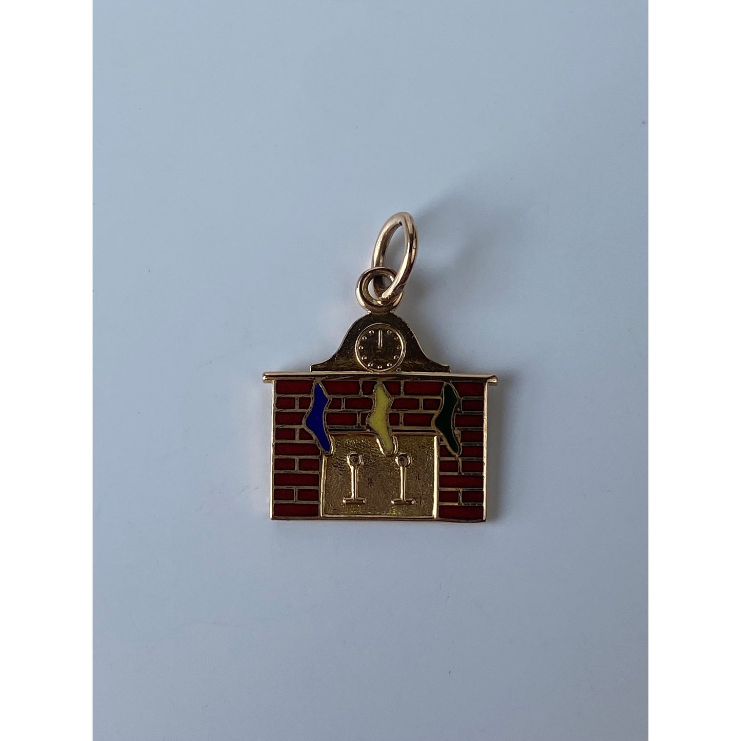 Vintage Solid 14k Yellow Gold Enamel Stockings Fireplace Christmas Charm
