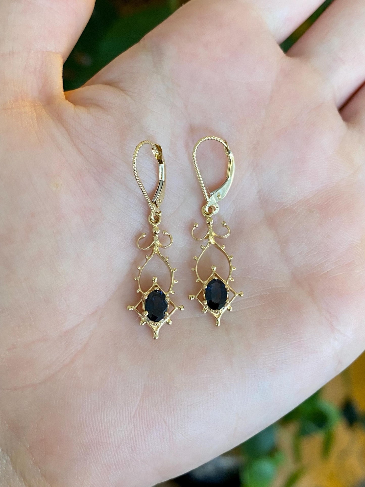 Vintage Solid 14k Yellow Gold Blue Sapphire Ornate Dangle Earrings
