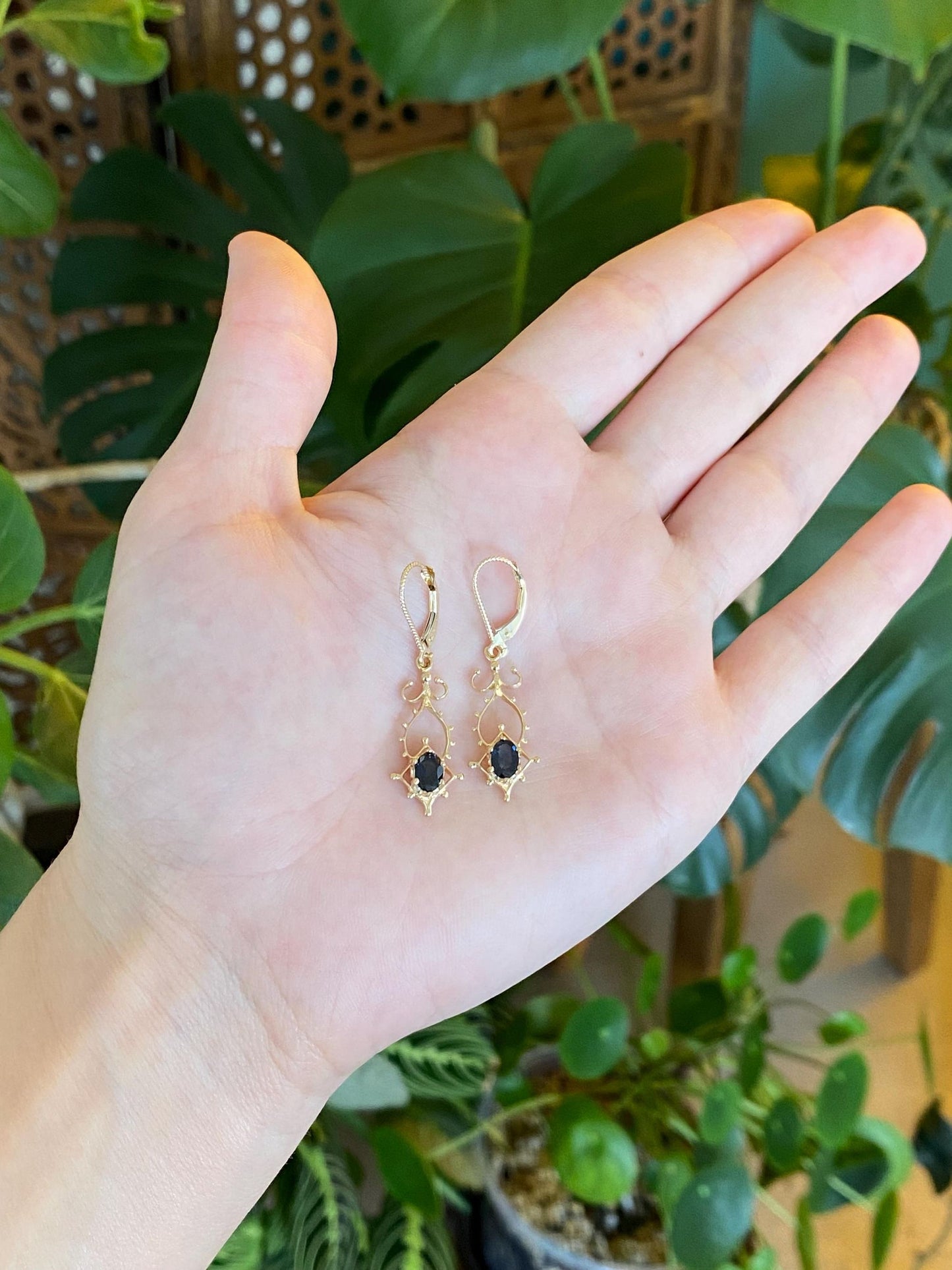 Vintage Solid 14k Yellow Gold Blue Sapphire Ornate Dangle Earrings