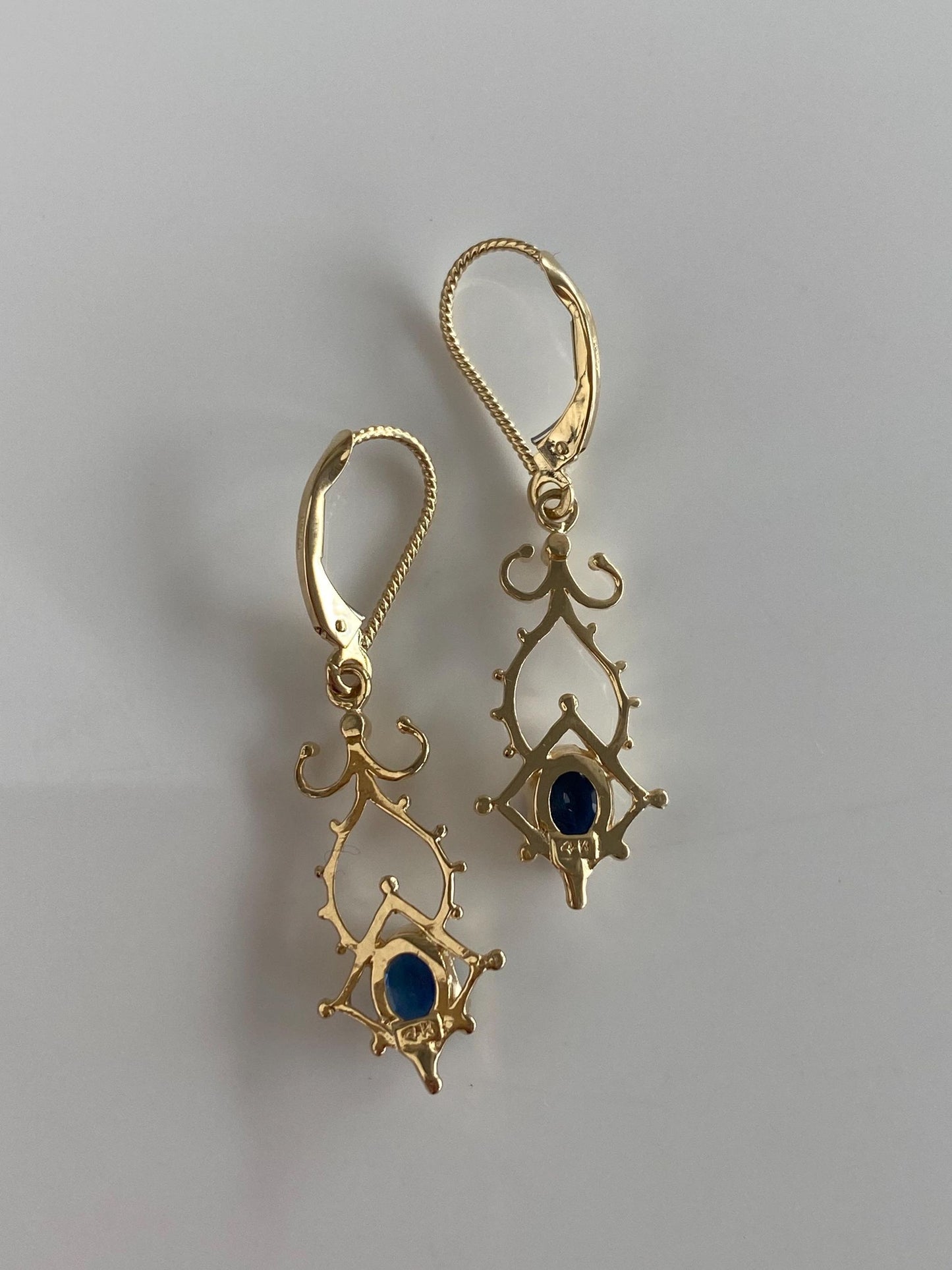 Vintage Solid 14k Yellow Gold Blue Sapphire Ornate Dangle Earrings