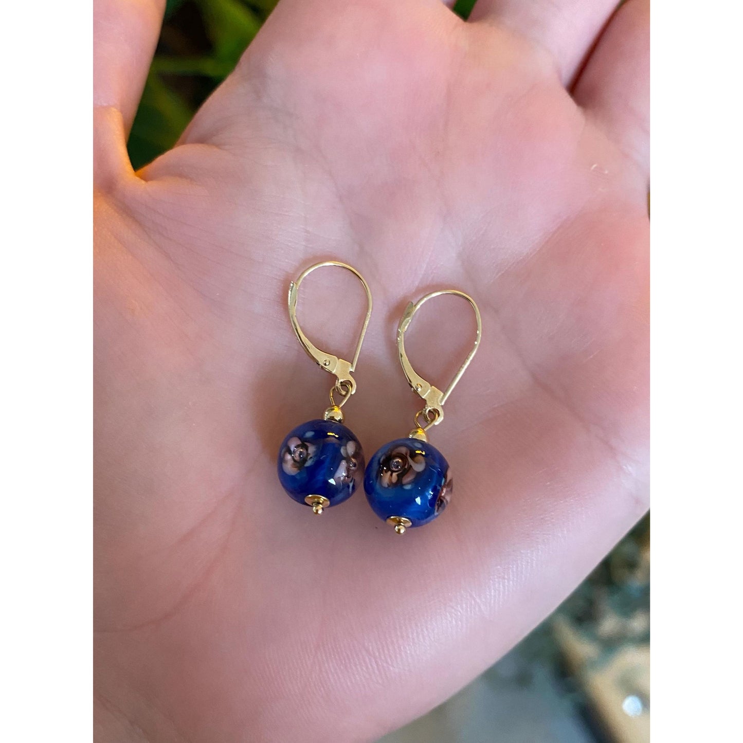 Vintage Solid 14k Yellow Gold Enamel Floral Glass Bead Dangle Earrings