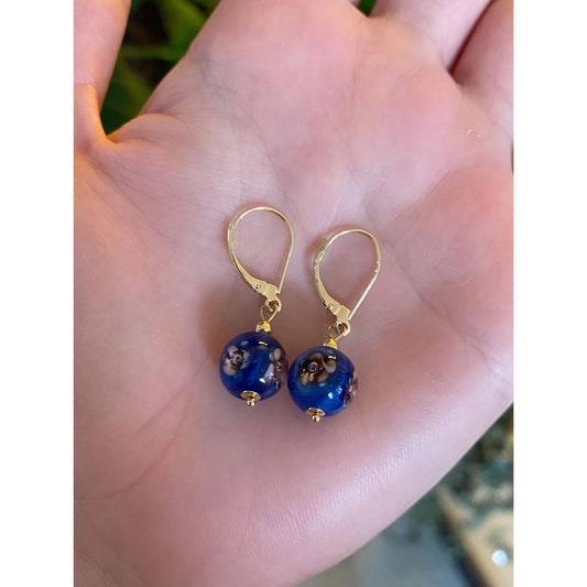 Vintage Solid 14k Yellow Gold Enamel Floral Glass Bead Dangle Earrings