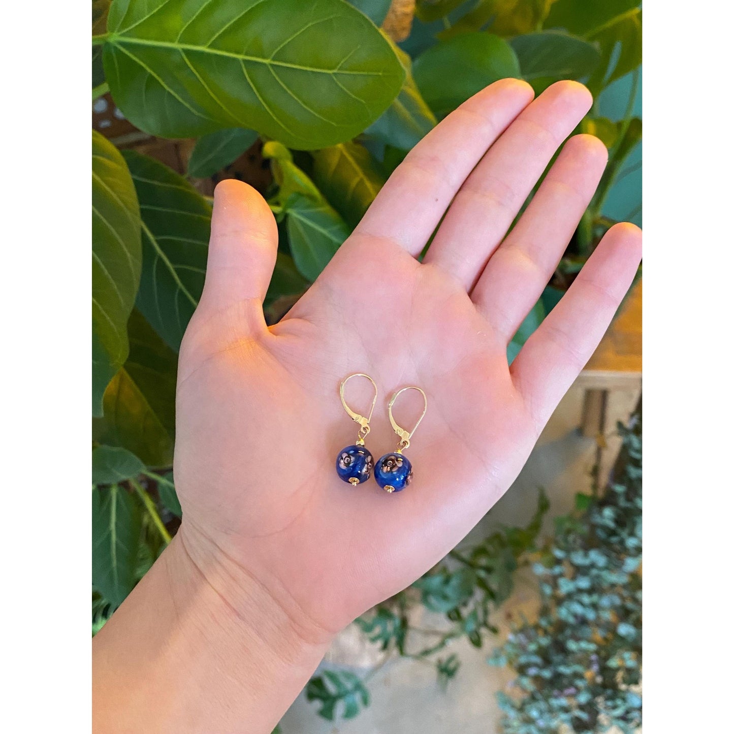 Vintage Solid 14k Yellow Gold Enamel Floral Glass Bead Dangle Earrings