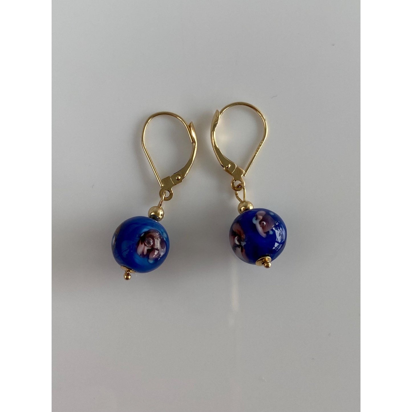 Vintage Solid 14k Yellow Gold Enamel Floral Glass Bead Dangle Earrings