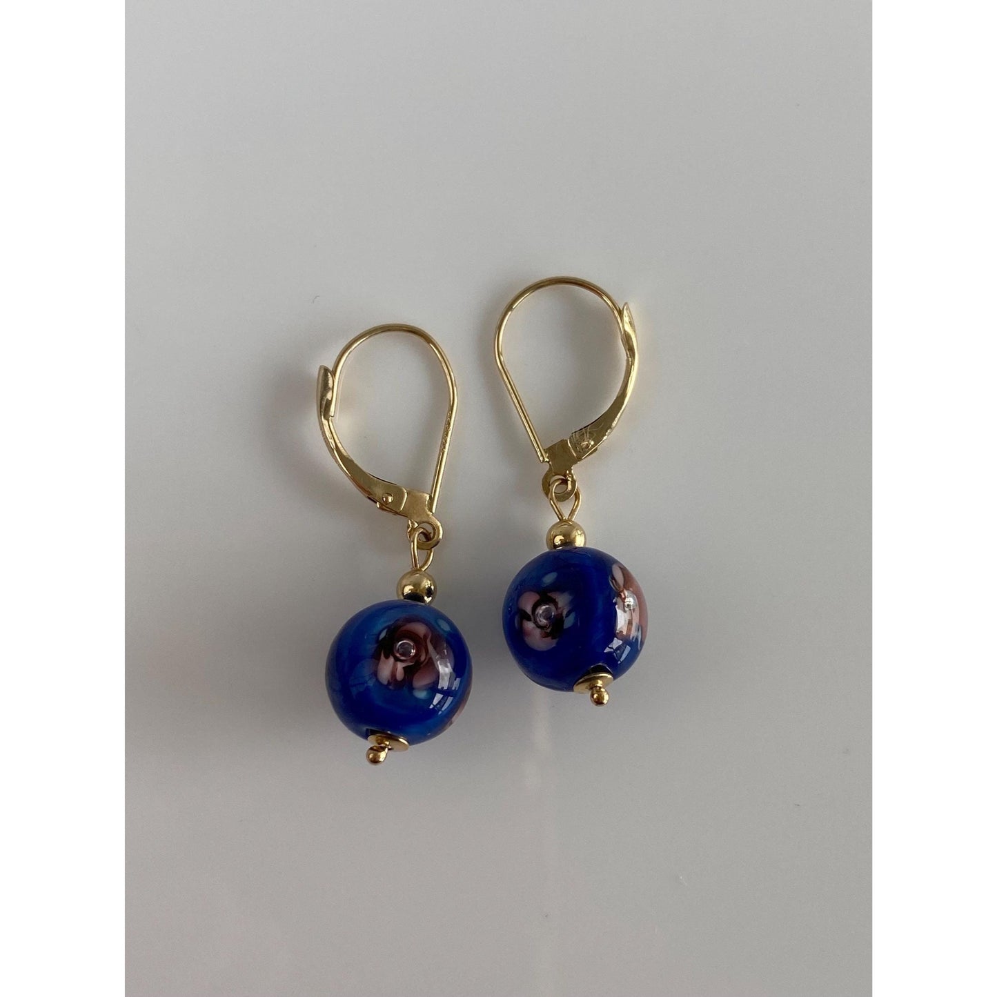 Vintage Solid 14k Yellow Gold Enamel Floral Glass Bead Dangle Earrings