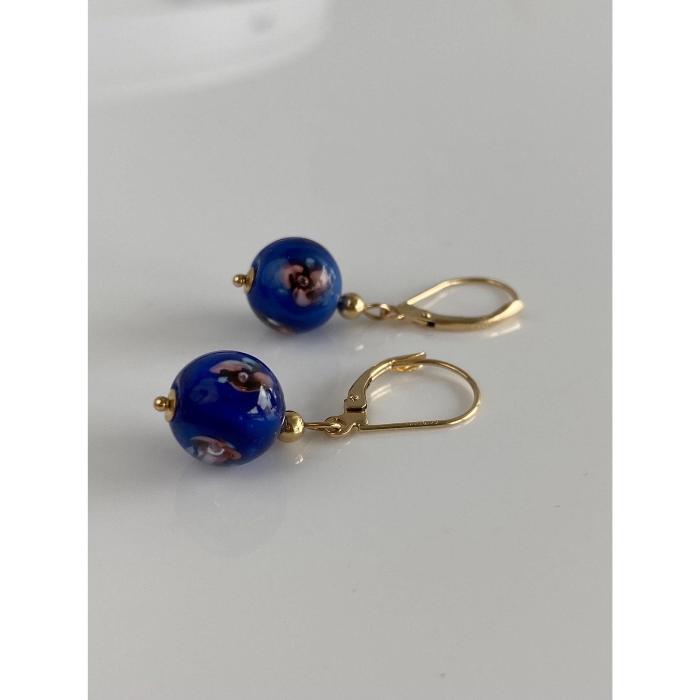 Vintage Solid 14k Yellow Gold Enamel Floral Glass Bead Dangle Earrings