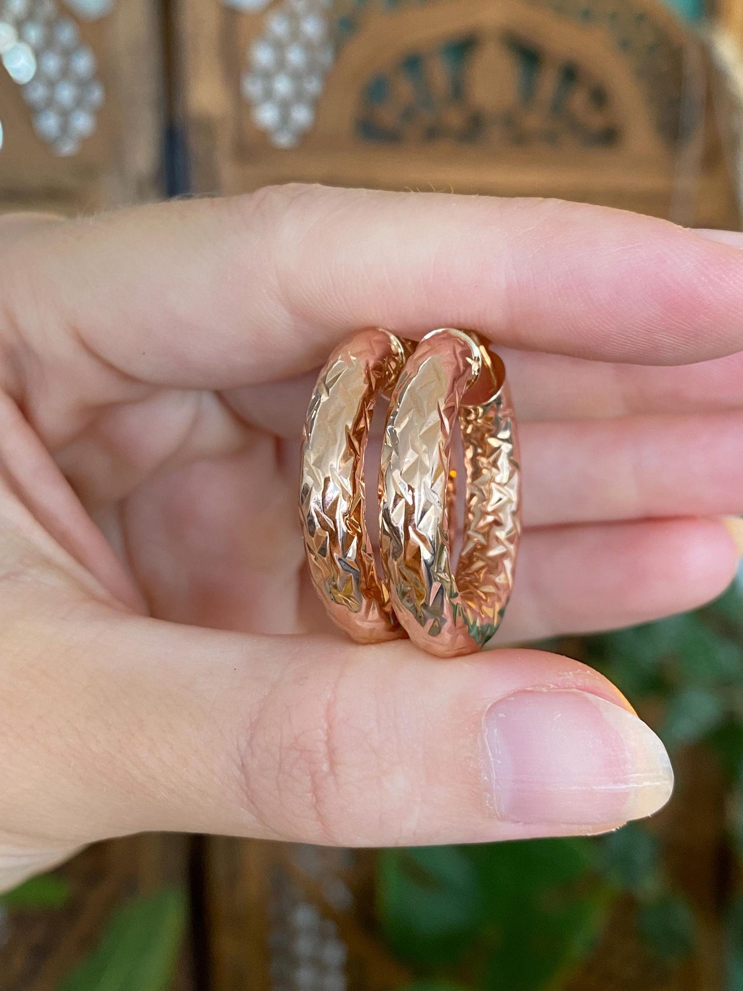 Vintage 14k Rose Gold Chunky Diamond Cut Hoop Earrings