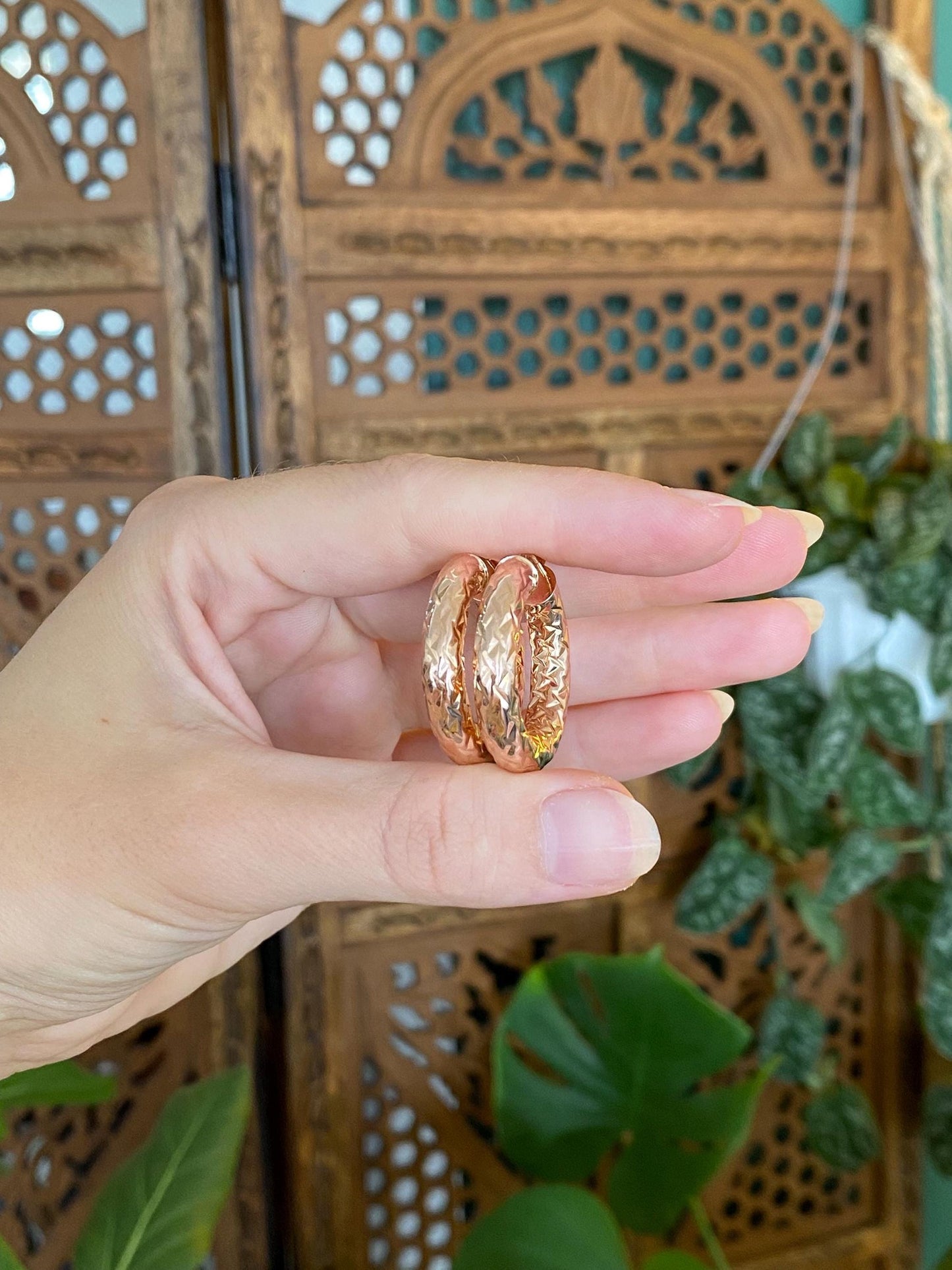 Vintage 14k Rose Gold Chunky Diamond Cut Hoop Earrings