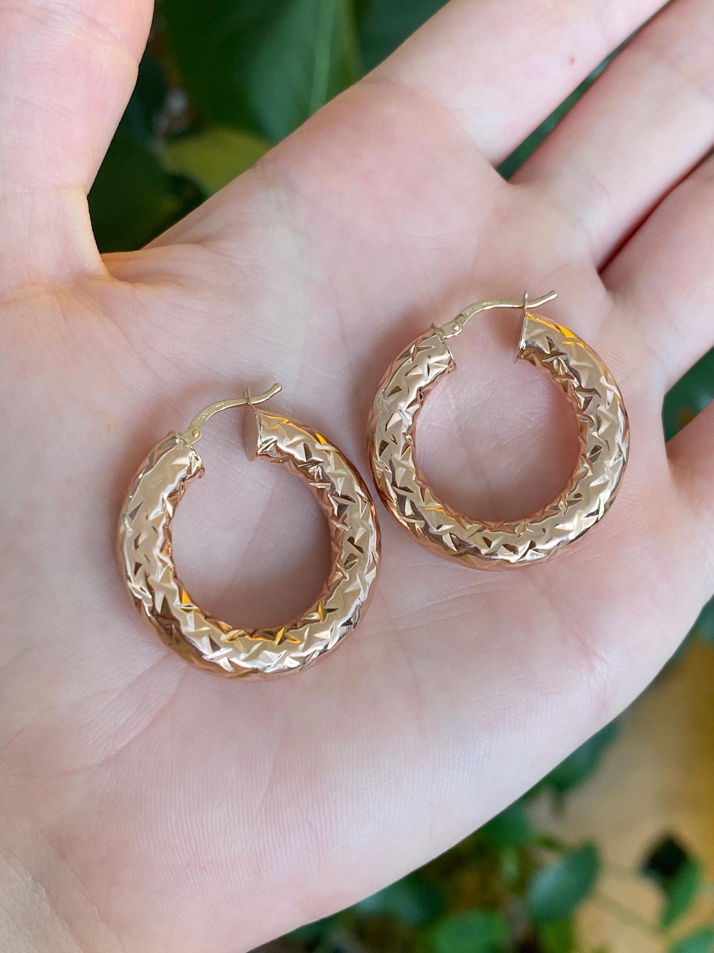 Vintage 14k Rose Gold Chunky Diamond Cut Hoop Earrings