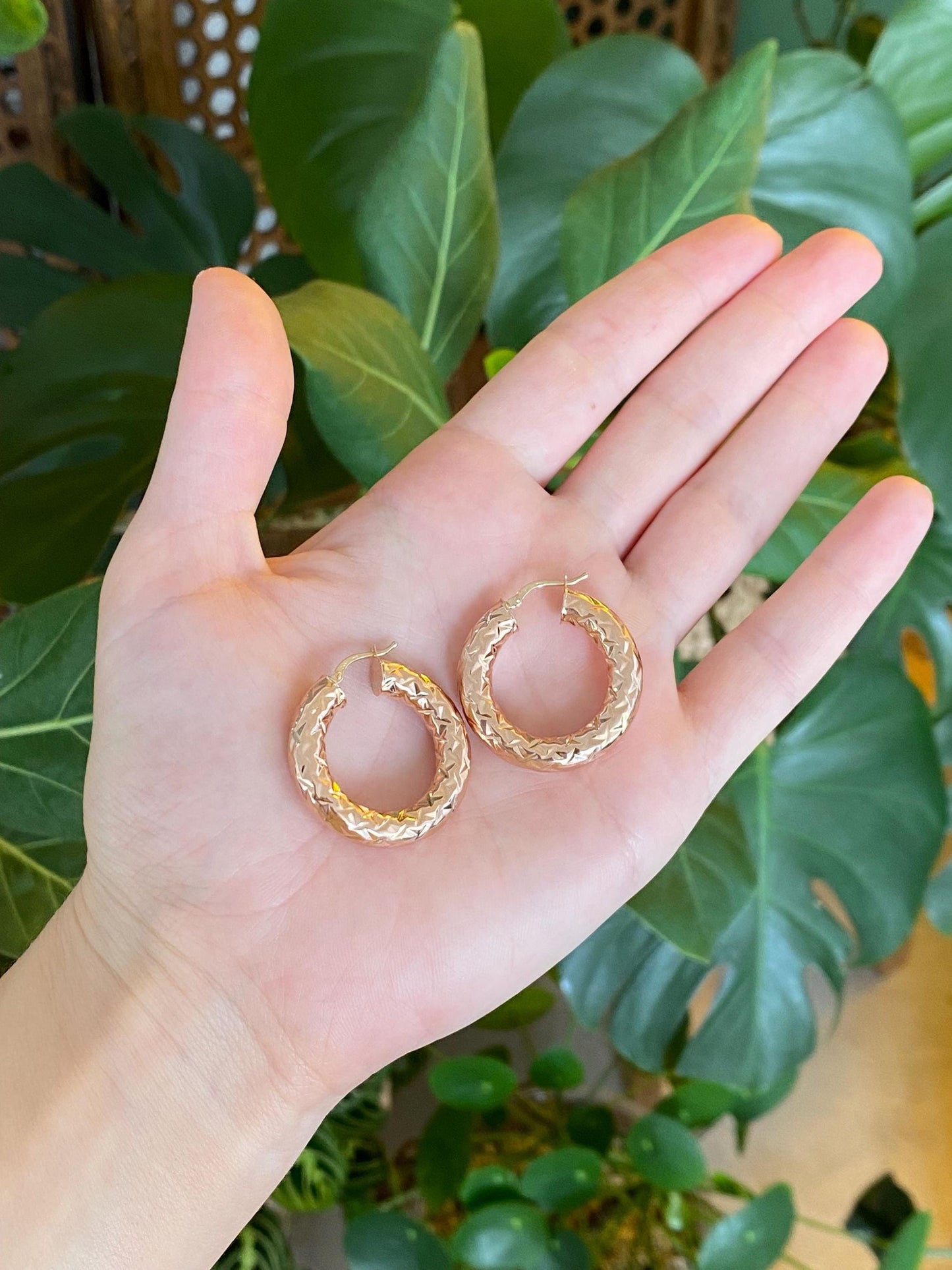 Vintage 14k Rose Gold Chunky Diamond Cut Hoop Earrings