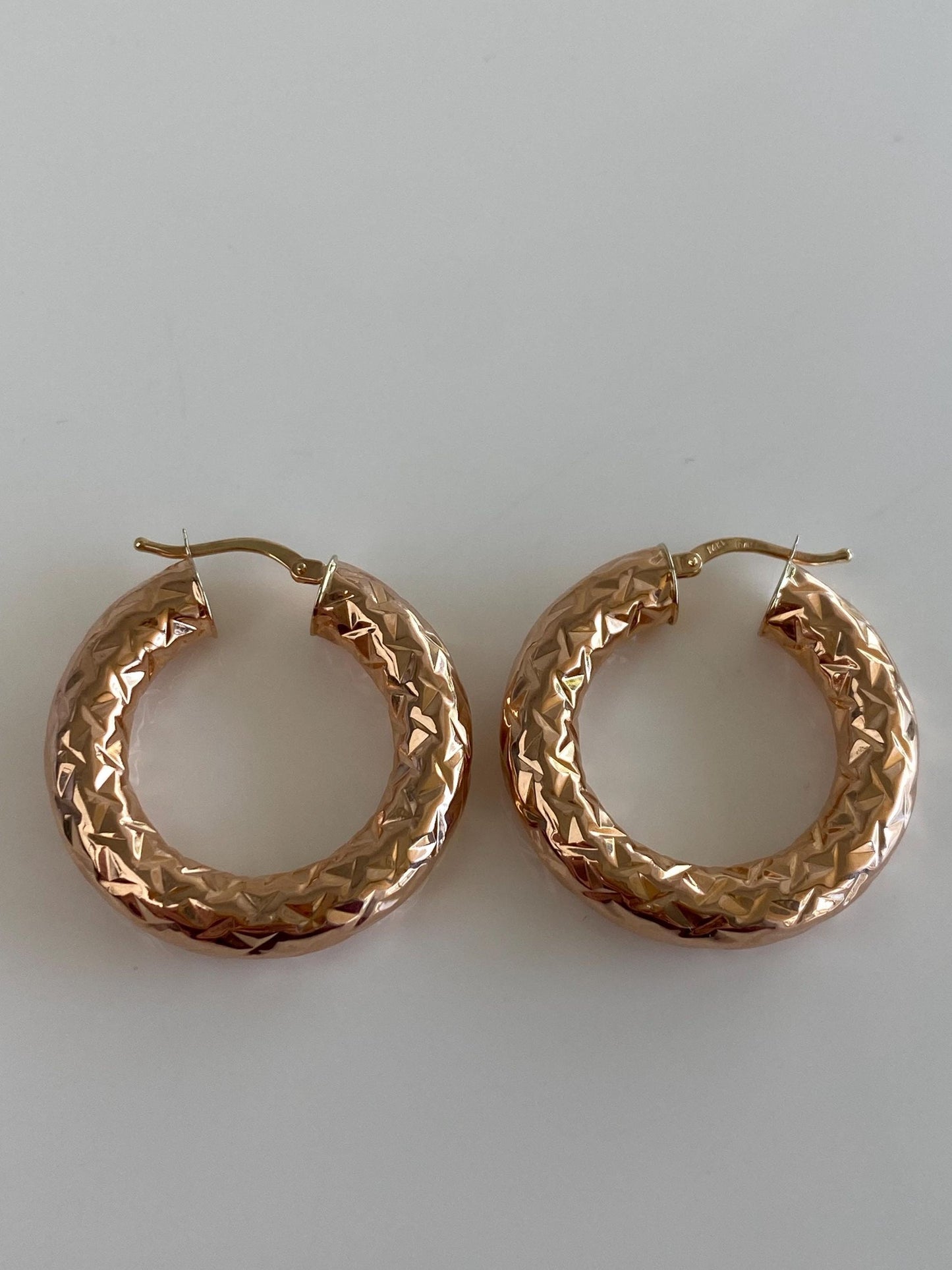 Vintage 14k Rose Gold Chunky Diamond Cut Hoop Earrings
