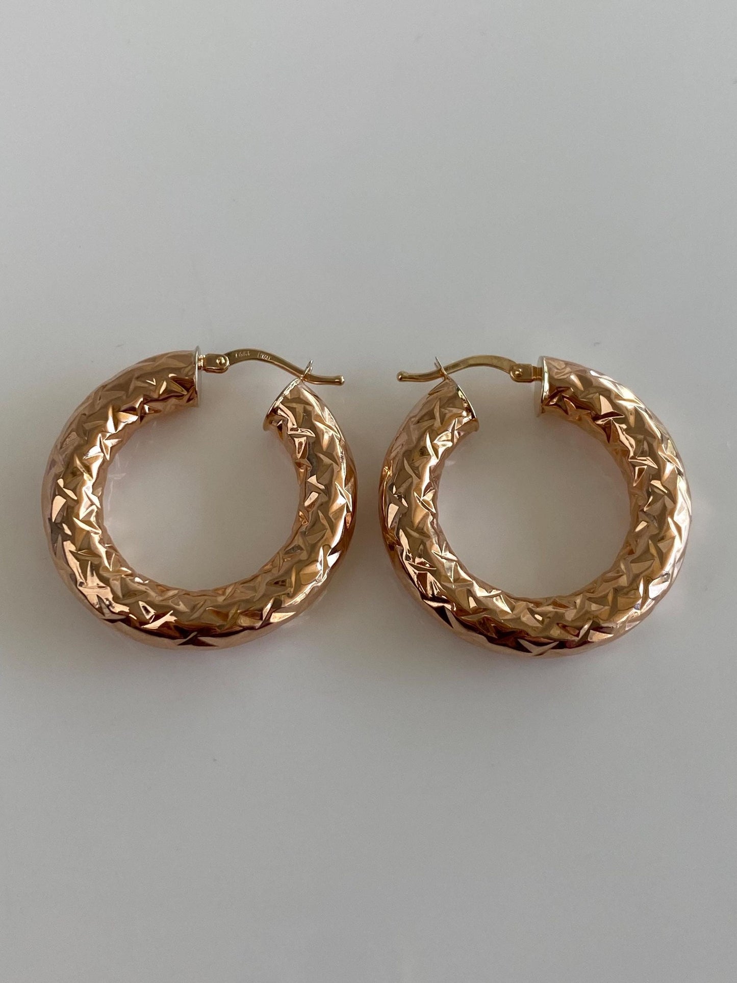 Vintage 14k Rose Gold Chunky Diamond Cut Hoop Earrings