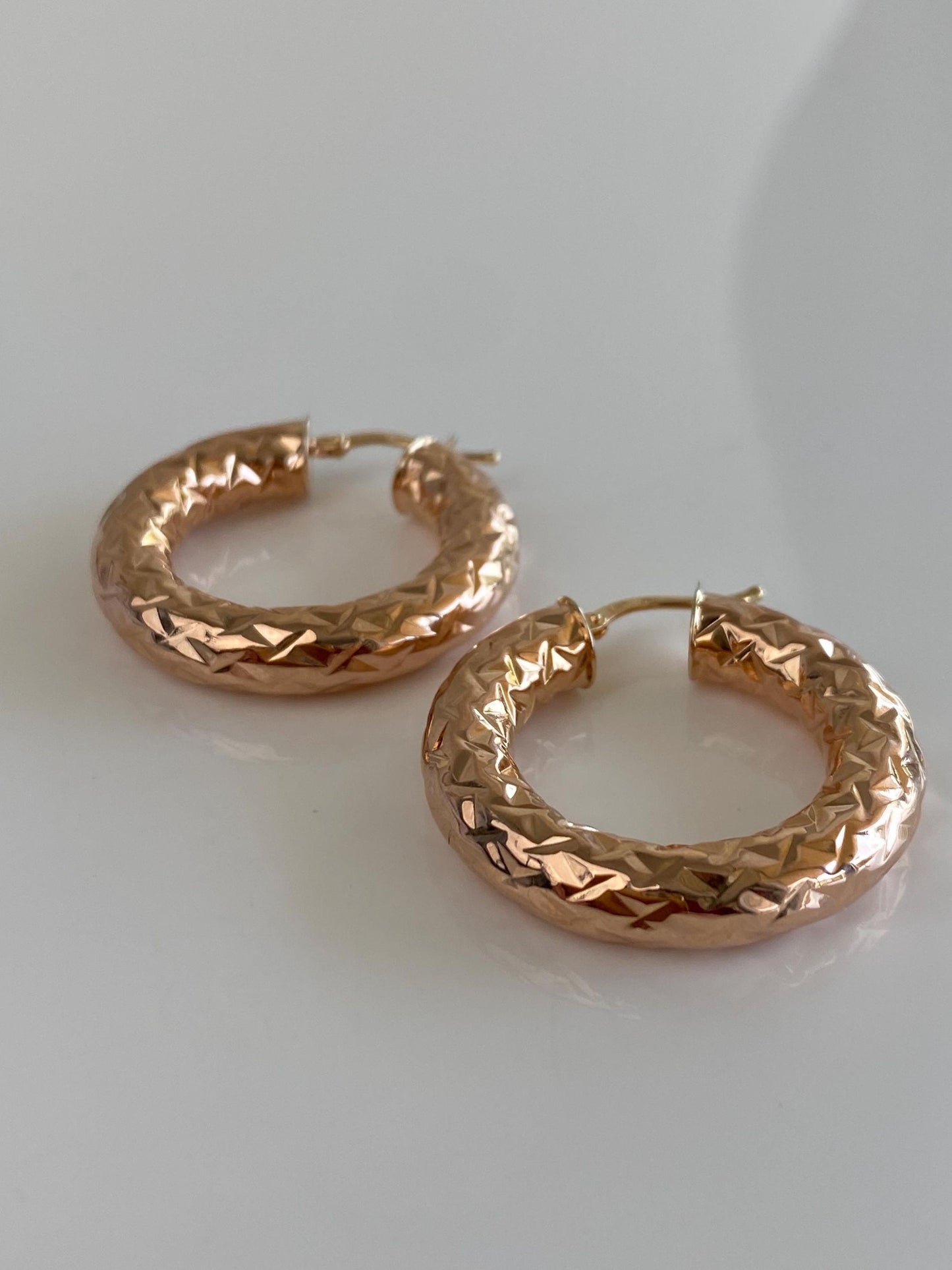 Vintage 14k Rose Gold Chunky Diamond Cut Hoop Earrings