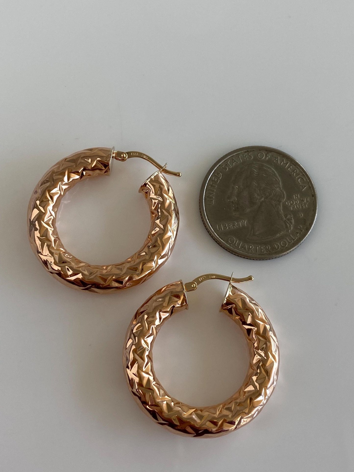Vintage 14k Rose Gold Chunky Diamond Cut Hoop Earrings