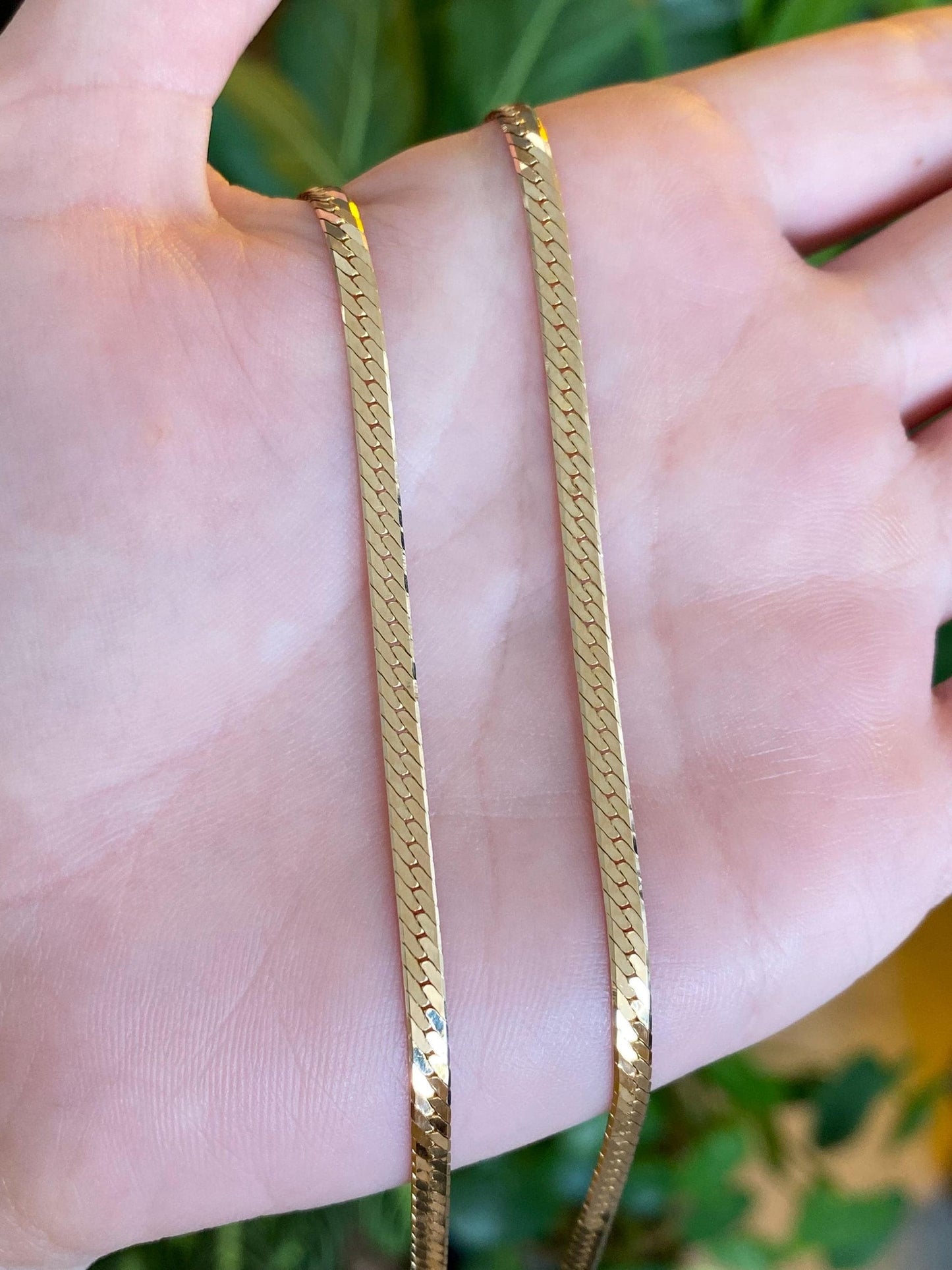 Vintage Solid 14k Yellow Gold Slim Long Herringbone Chain Necklace - 24.25 inches