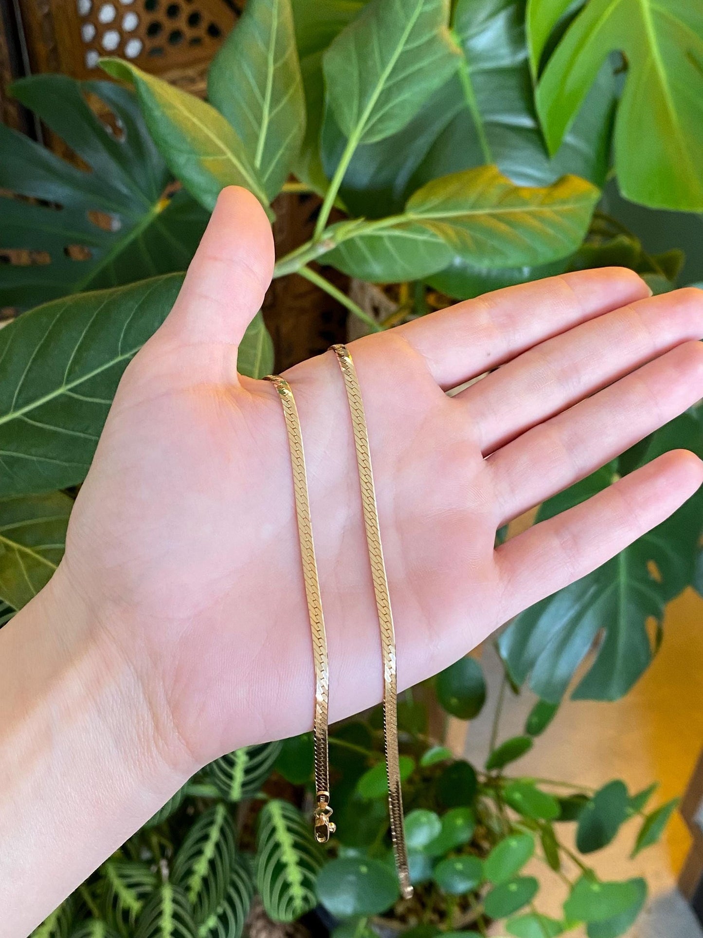 Vintage Solid 14k Yellow Gold Slim Long Herringbone Chain Necklace - 24.25 inches