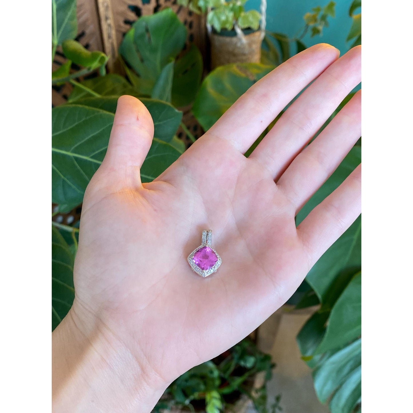 Vintage Solid 14k White Gold Diamond Pink Sapphire Charm