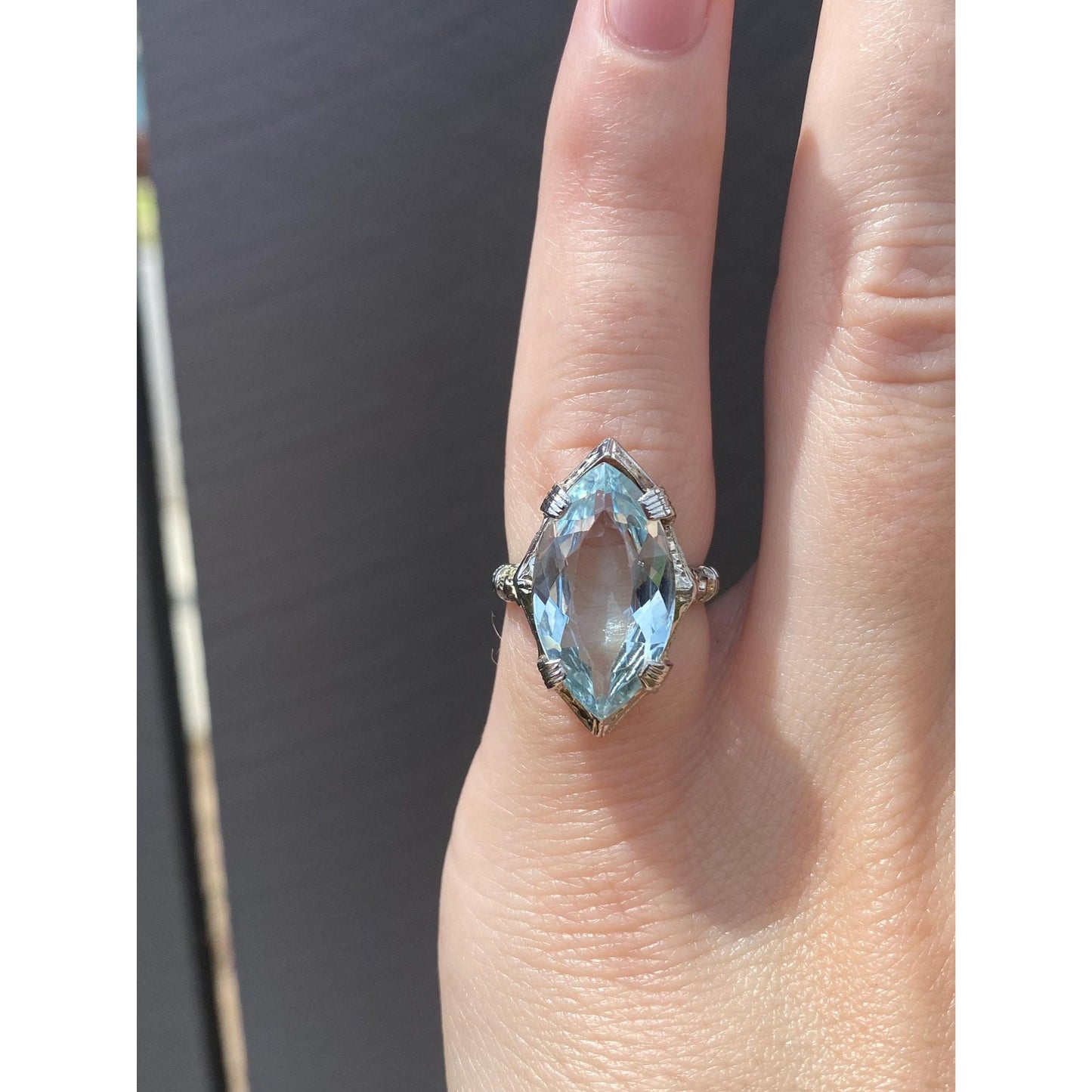 Vintage Solid 18k White Gold Topaz Art Deco Ring - Size 2.5