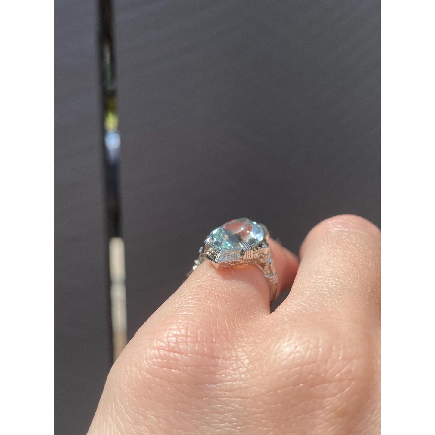 Vintage Solid 18k White Gold Topaz Art Deco Ring - Size 2.5