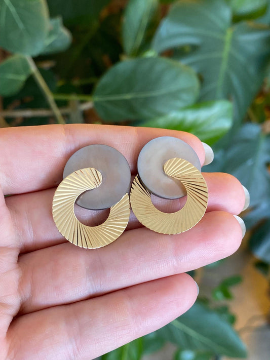 Vintage Solid 14k Yellow Gold Abalone Insert Engine Turned Drop Earrings