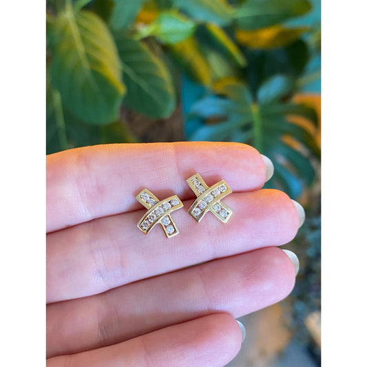 Vintage Solid 14k Yellow Gold Cubic Zirconia X Stud Earrings
