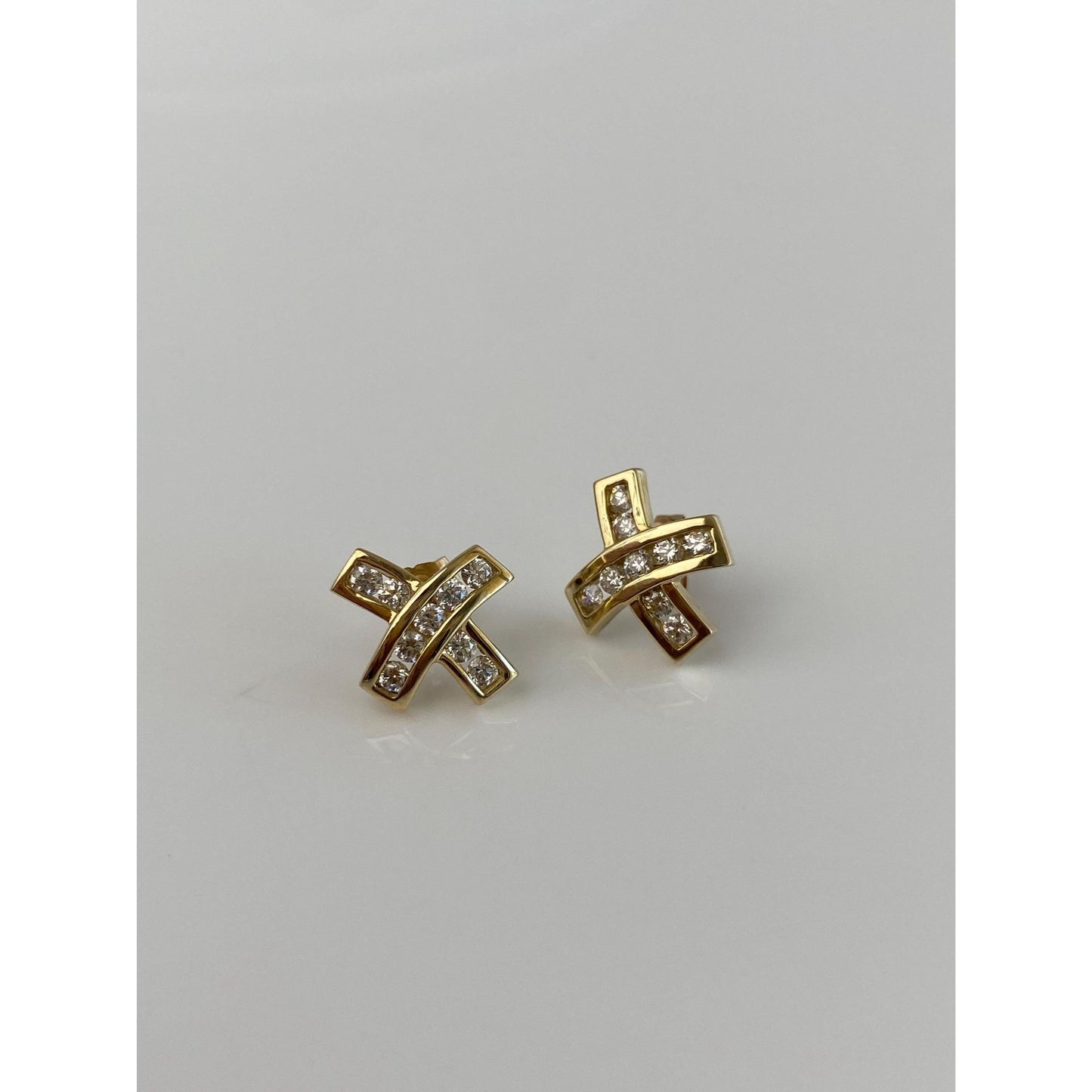Vintage Solid 14k Yellow Gold Cubic Zirconia X Stud Earrings