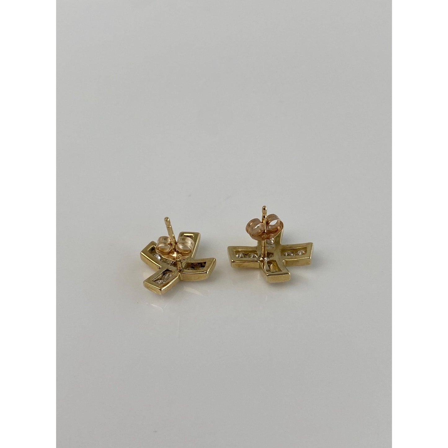 Vintage Solid 14k Yellow Gold Cubic Zirconia X Stud Earrings