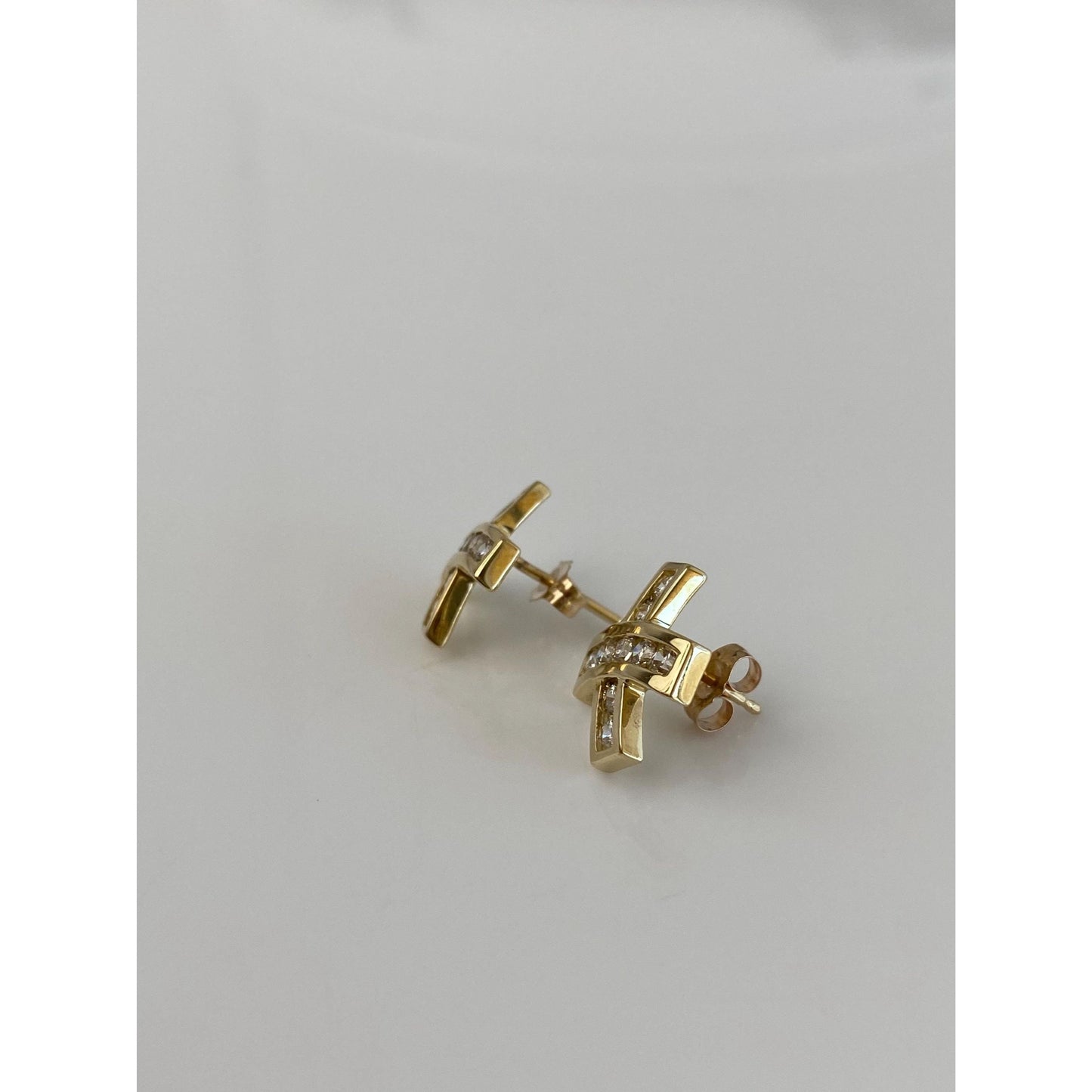 Vintage Solid 14k Yellow Gold Cubic Zirconia X Stud Earrings