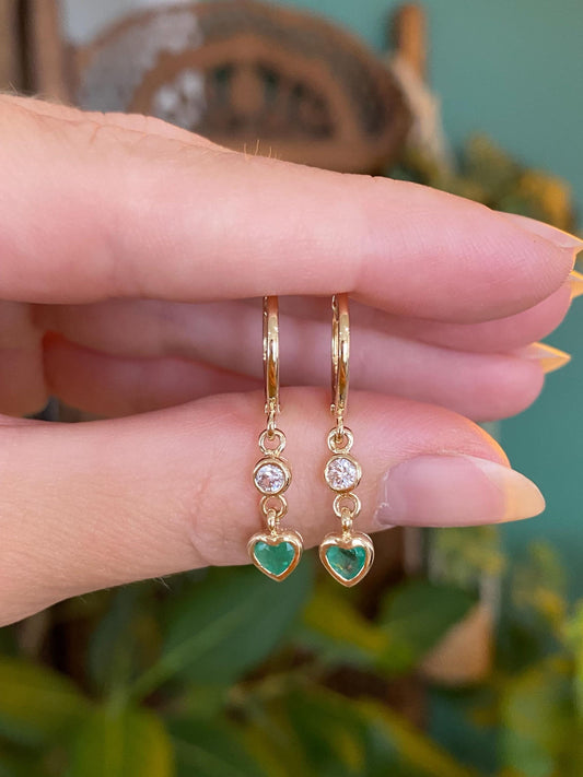 Vintage Solid 14k Yellow Gold Emerald Diamond Heart Dangle Hoop Earrings