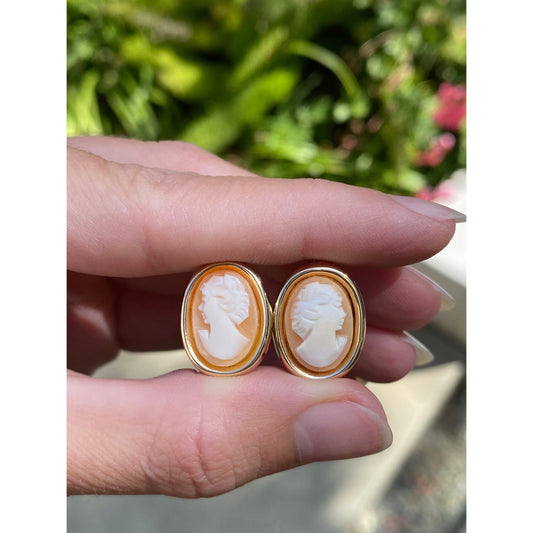 Vintage Solid 14k Yellow Gold Cameo Dangle Earrings