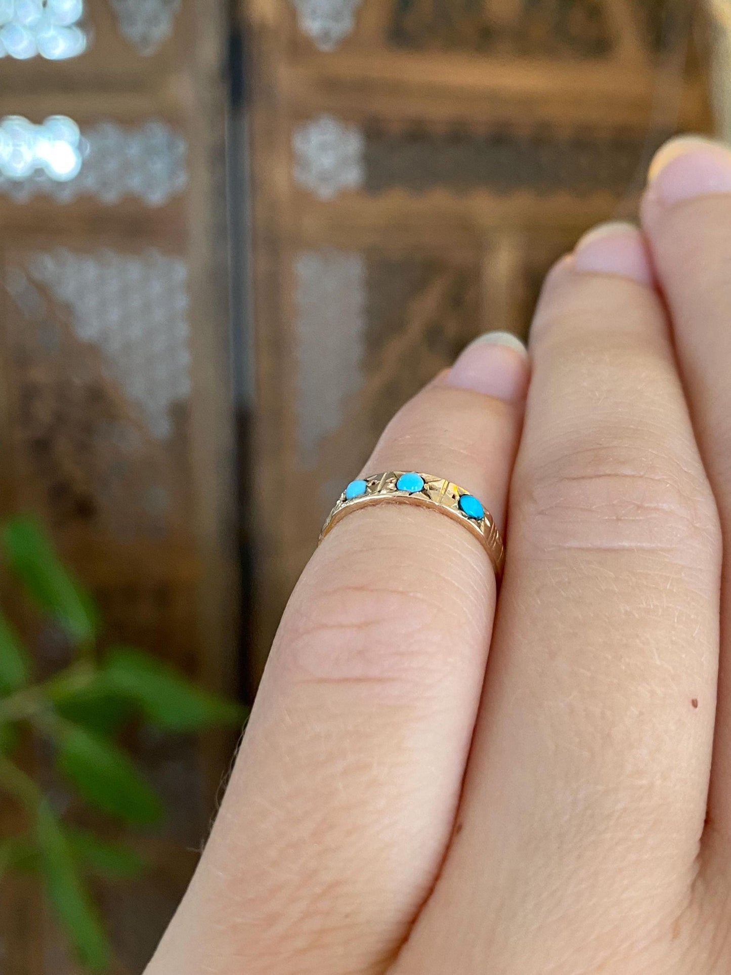 Vintage Solid 10k Rosey Gold Turquoise Diamond Cut Ring - Size 1.75