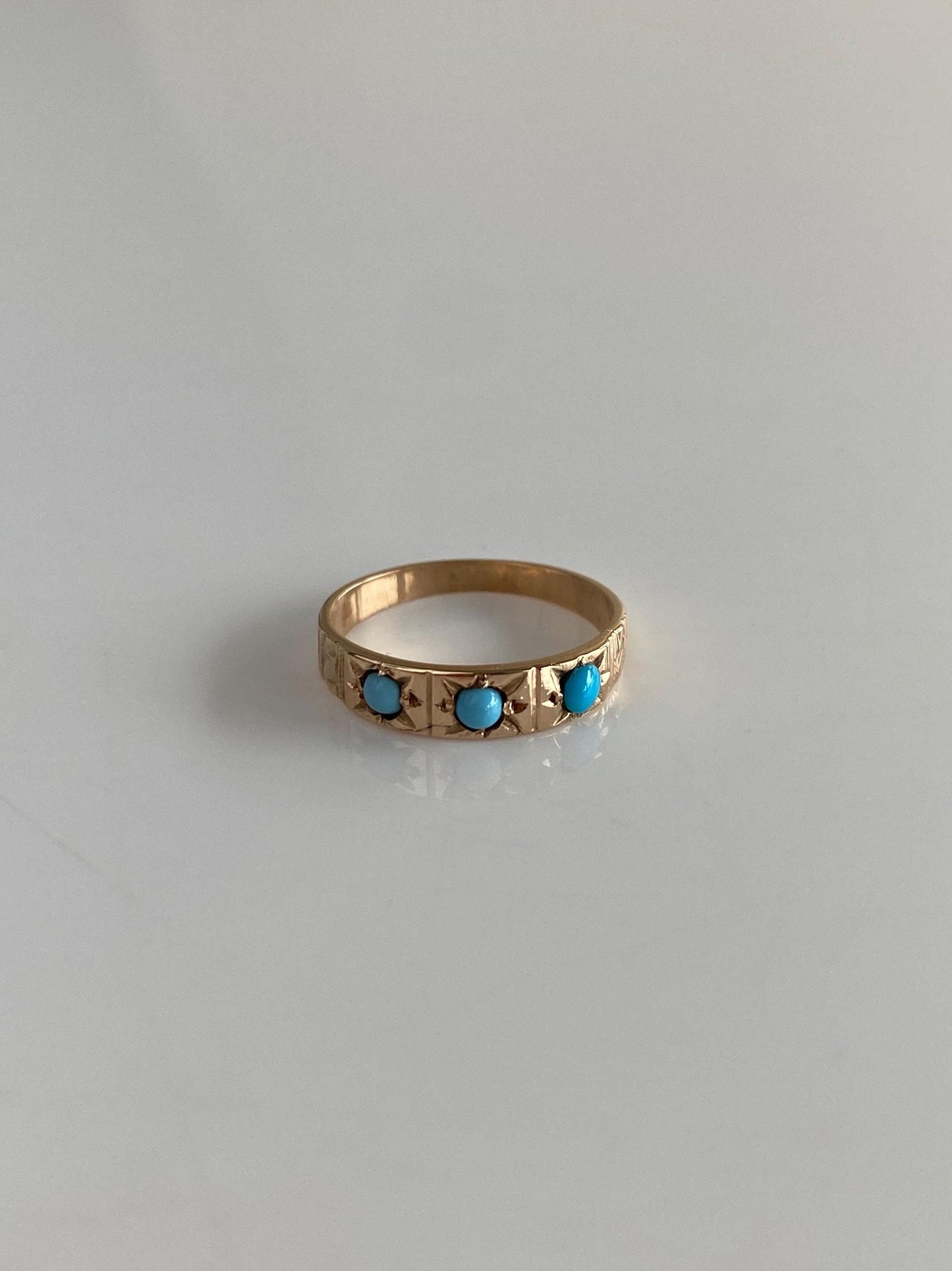Vintage Solid 10k Rosey Gold Turquoise Diamond Cut Ring - Size 1.75