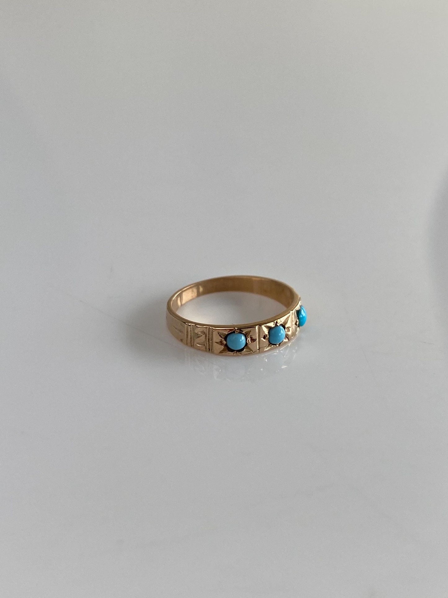 Vintage Solid 10k Rosey Gold Turquoise Diamond Cut Ring - Size 1.75