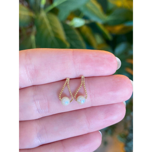 Vintage Solid 14k Yellow Gold Box Chain Pearl Dangle Stud Earrings