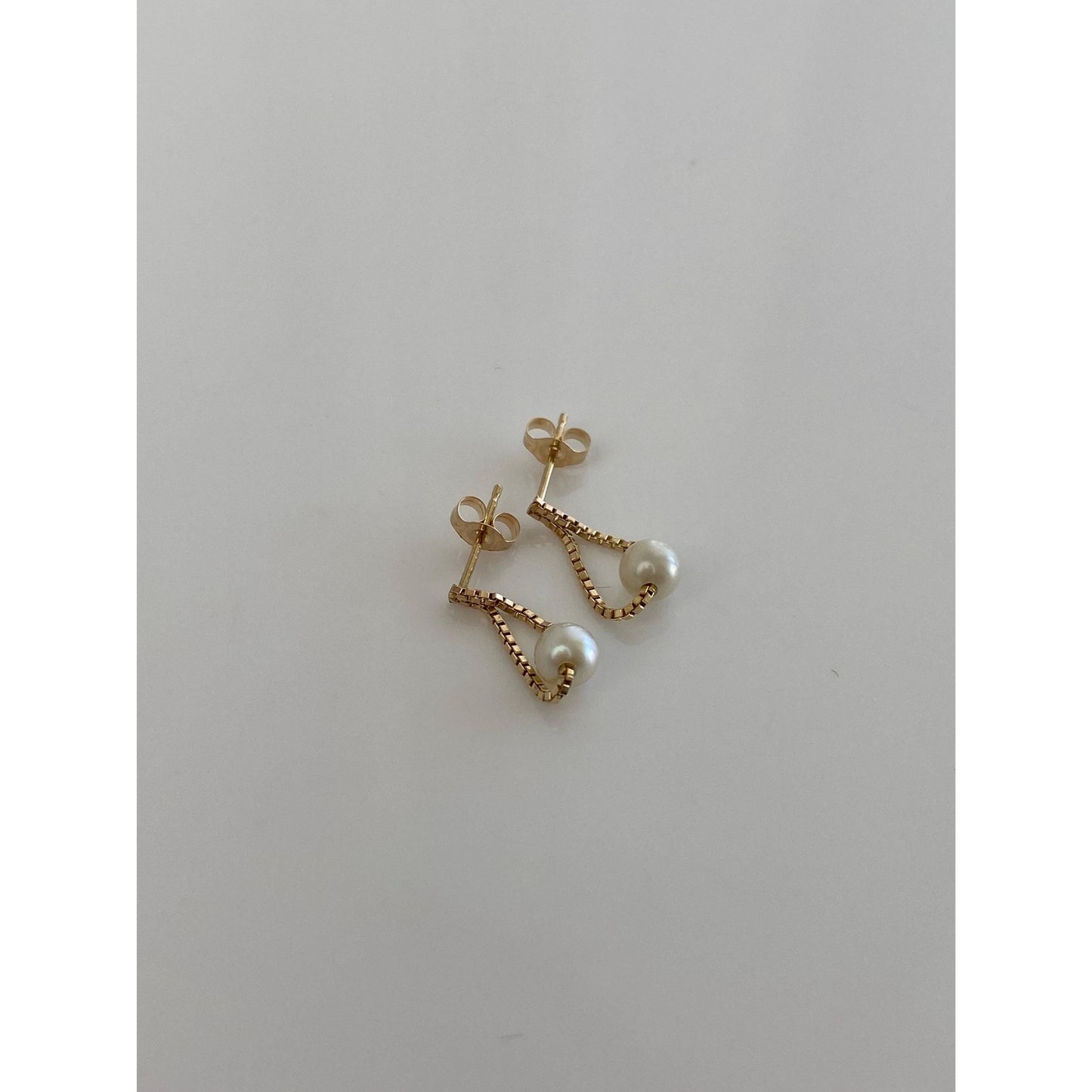 Vintage Solid 14k Yellow Gold Box Chain Pearl Dangle Stud Earrings