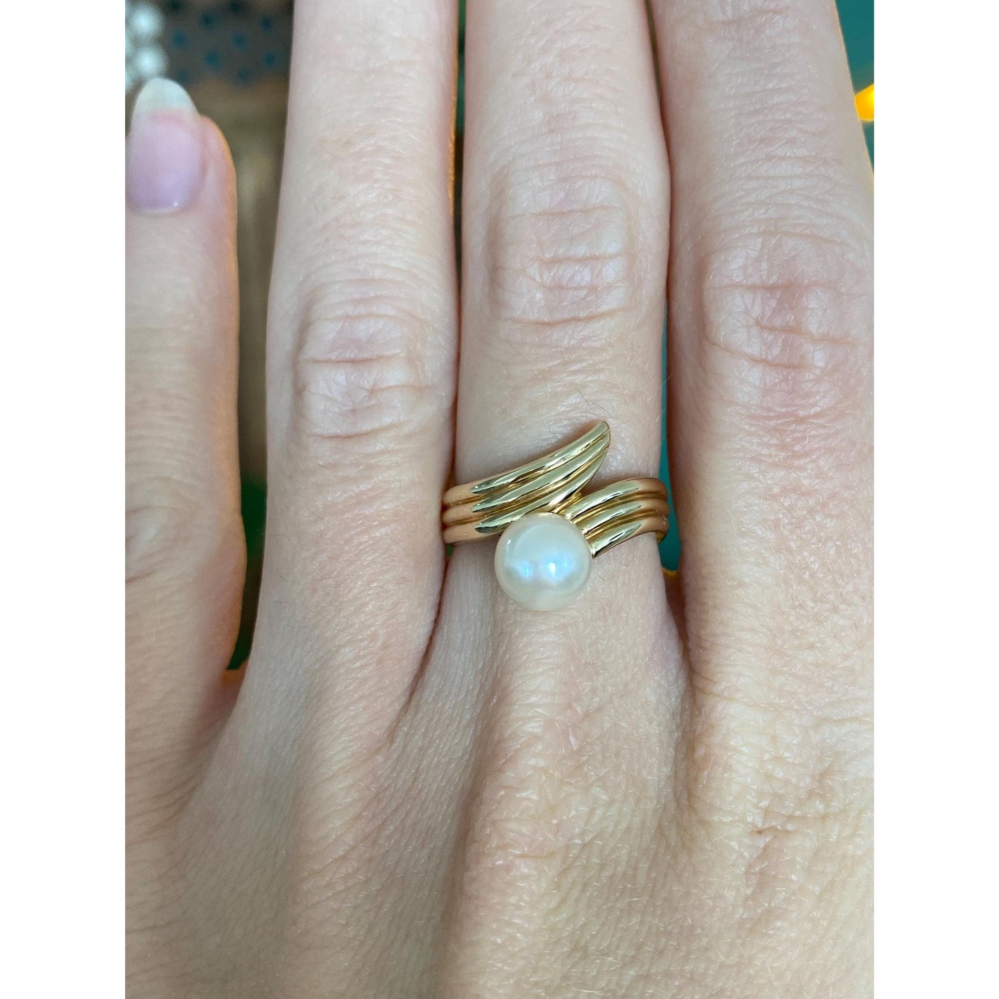 Vintage Solid 14k Yellow Gold Pearl Twist Ring - Size 6.25