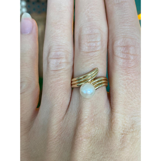 Vintage Solid 14k Yellow Gold Pearl Twist Ring - Size 6.25