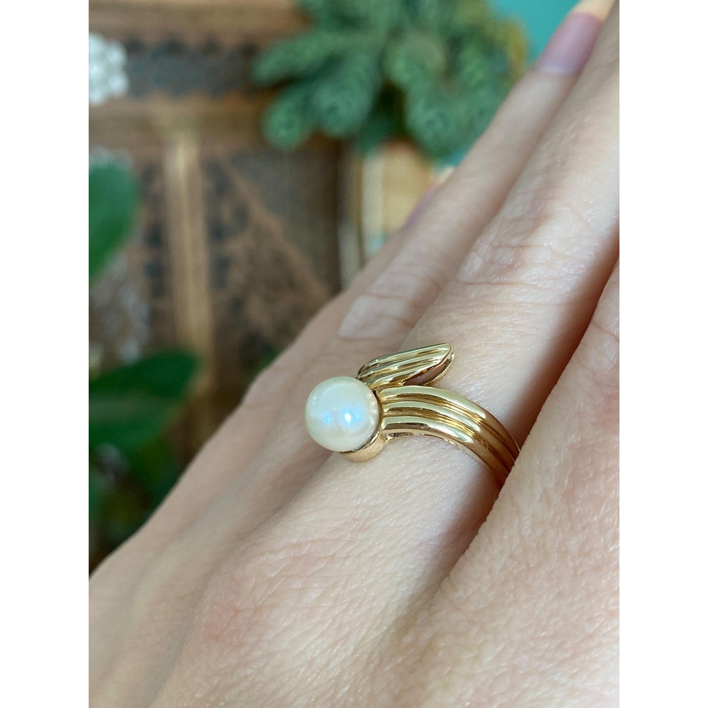 Vintage Solid 14k Yellow Gold Pearl Twist Ring - Size 6.25