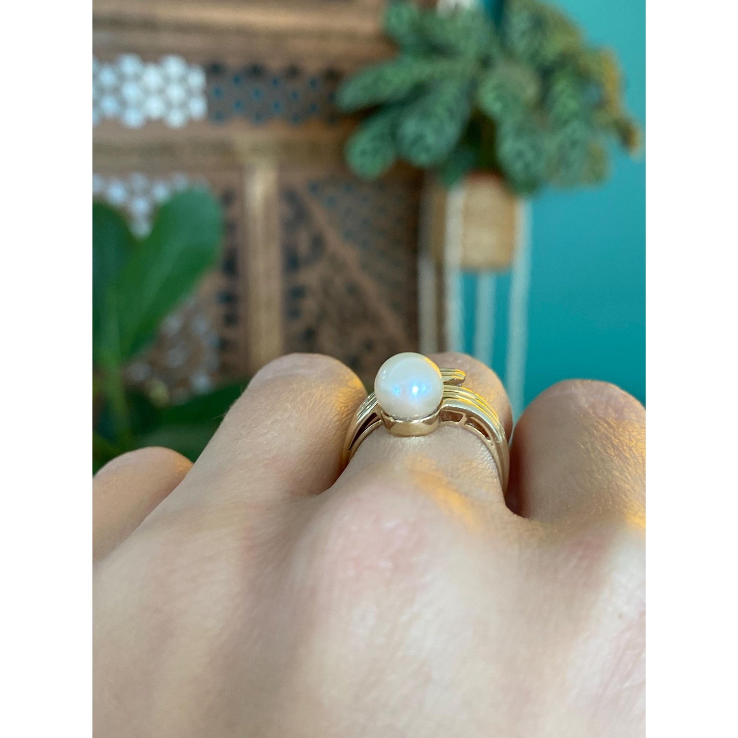 Vintage Solid 14k Yellow Gold Pearl Twist Ring - Size 6.25