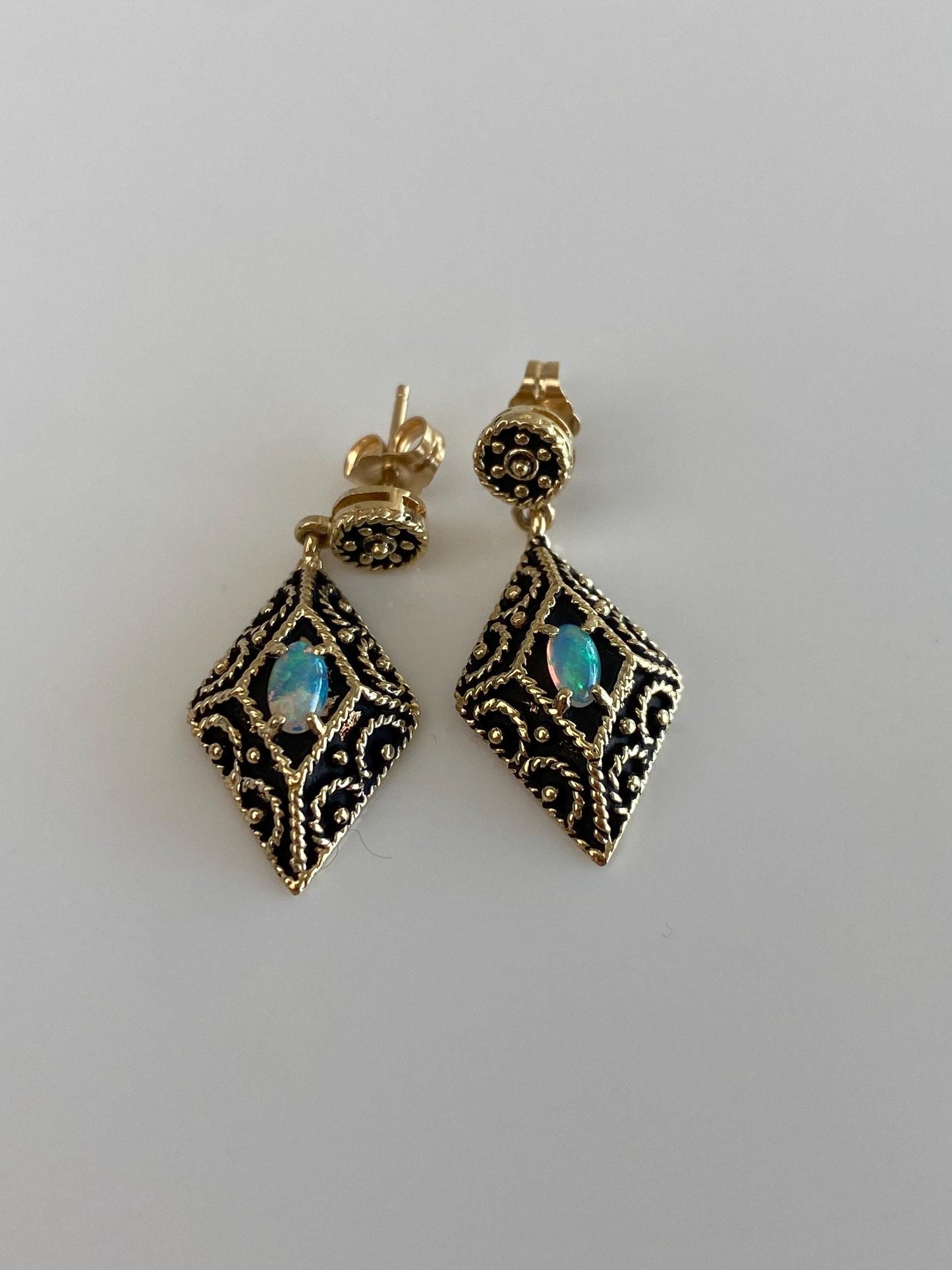Vintage Solid 14k Yellow Gold Opal Dangle Stud Earrings