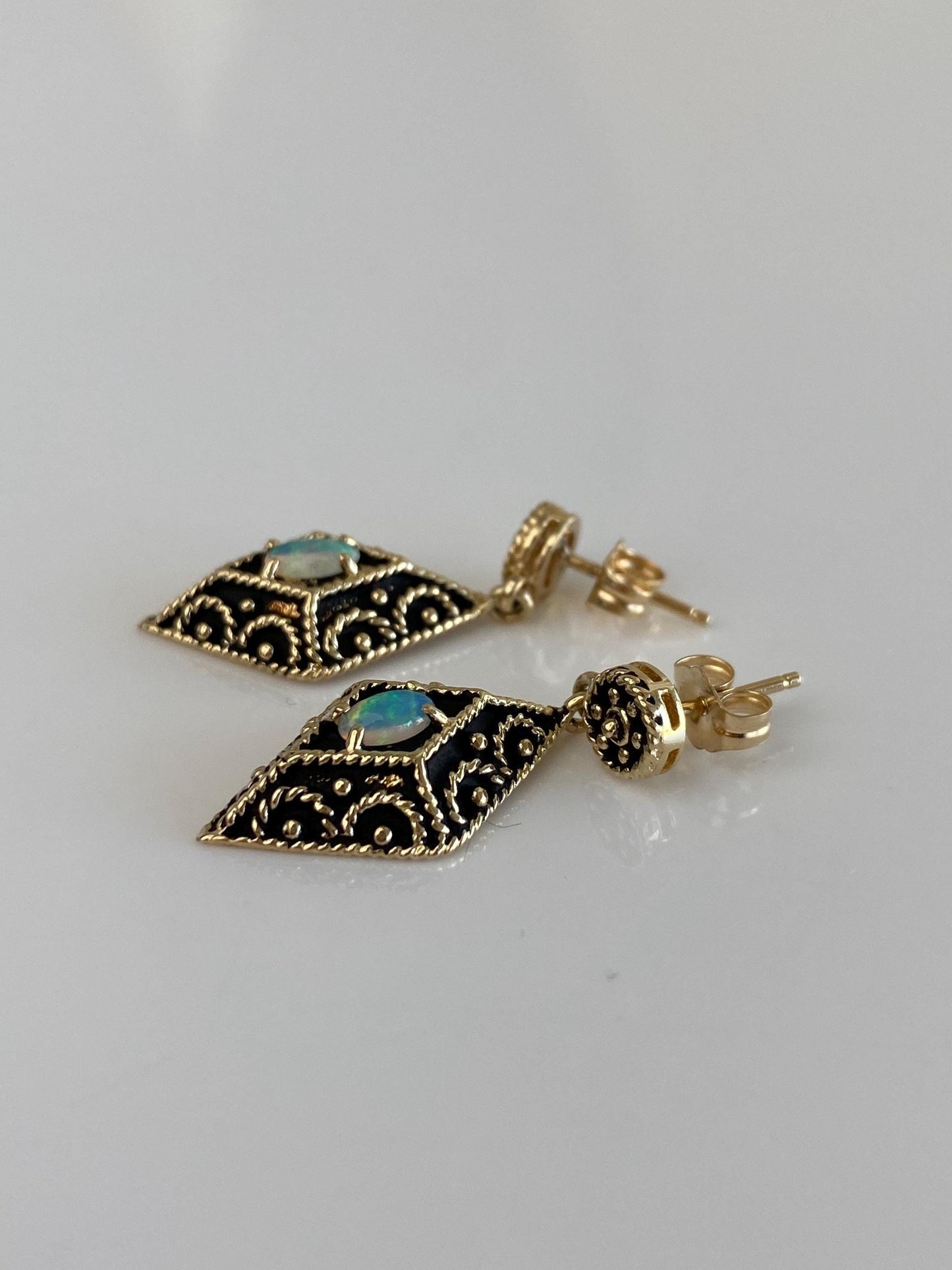 Vintage Solid 14k Yellow Gold Opal Dangle Stud Earrings