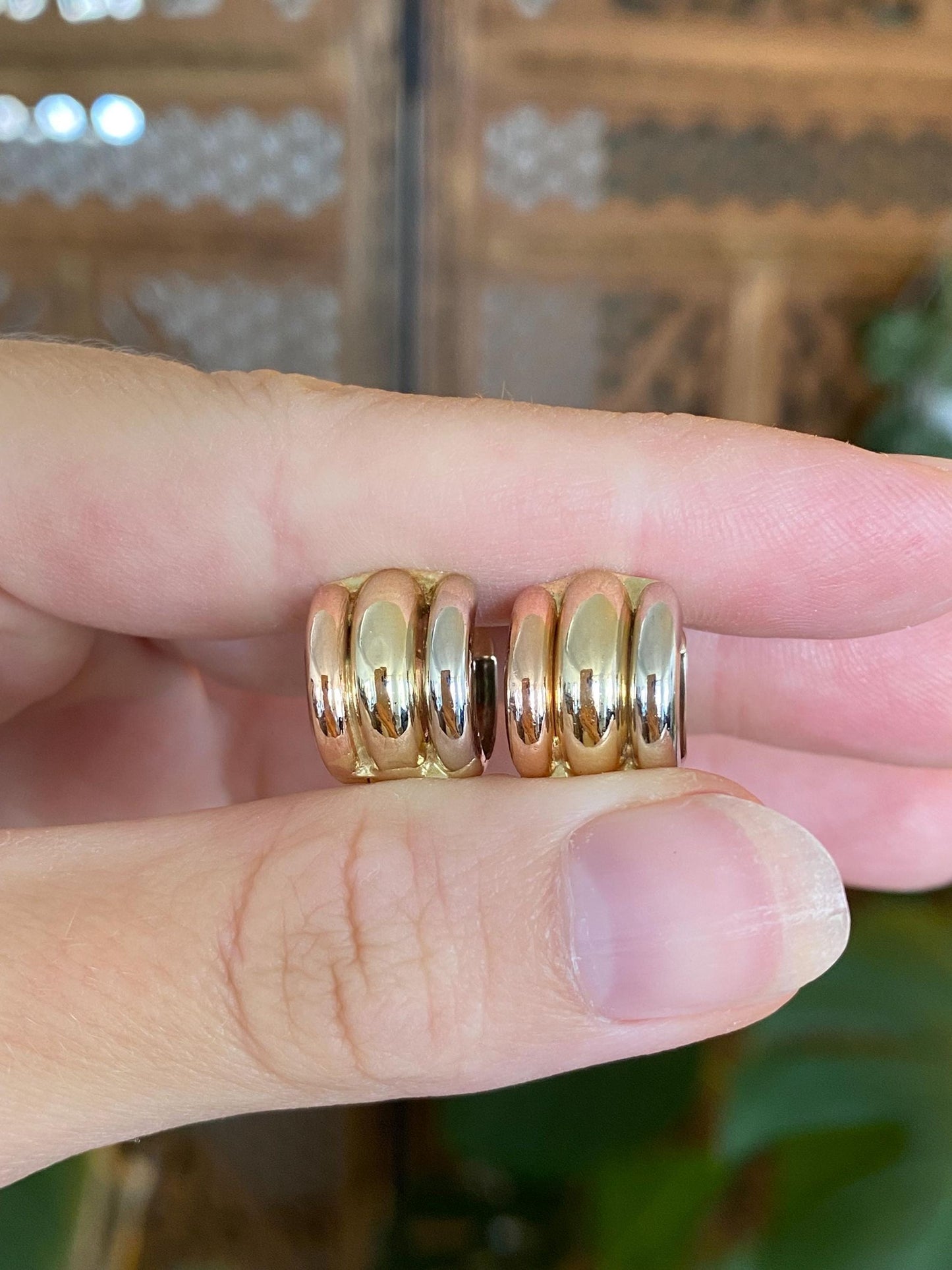 Vintage Solid 14k Tri Tone Gold Lined Chunky Huggie Hoop Earrings
