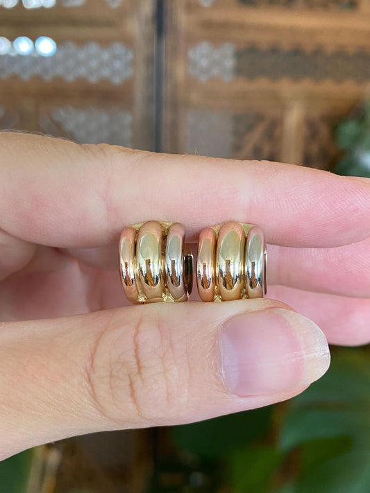 Vintage Solid 14k Tri Tone Gold Lined Chunky Huggie Hoop Earrings