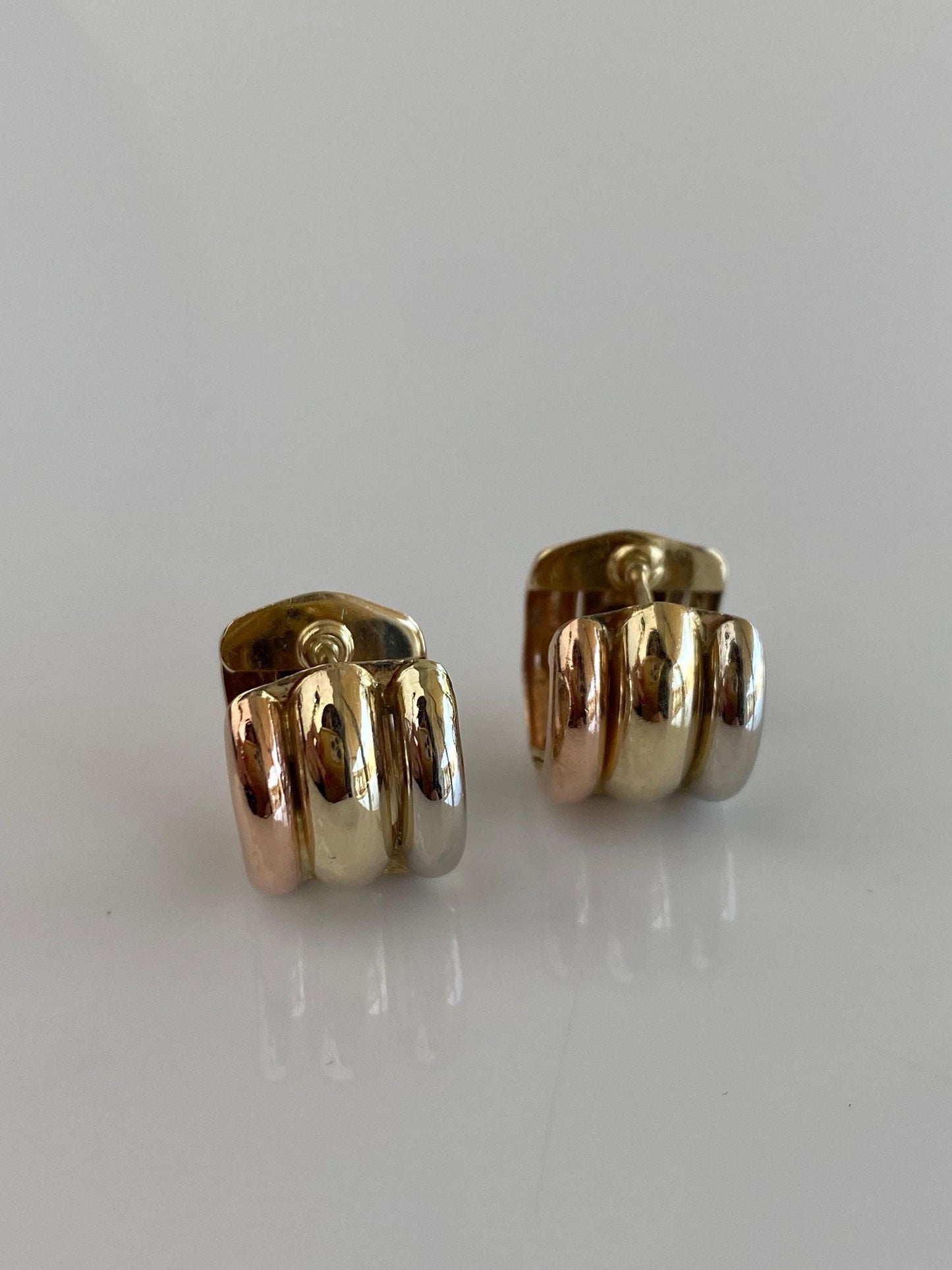 Vintage Solid 14k Tri Tone Gold Lined Chunky Huggie Hoop Earrings