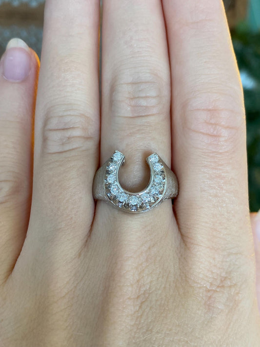 Vintage Solid 14k White Gold Diamonds Satin Horseshoe Ring - Size 8.5
